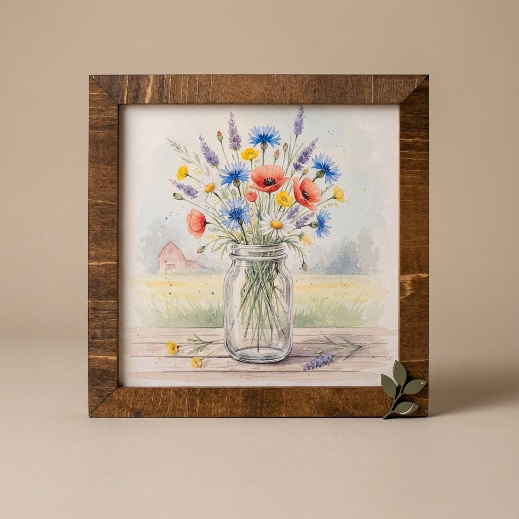 Floral Mason Jar Watercolor Wood Sign • Rustic Farmhouse Decor