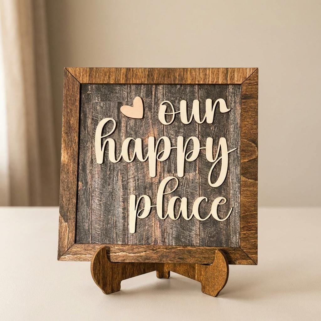 Our Happy Place Framed Wood Sign, Rustic Farmhouse Decor, Layered Wood Wall Art or Shelf Decor, Housewarming Gift