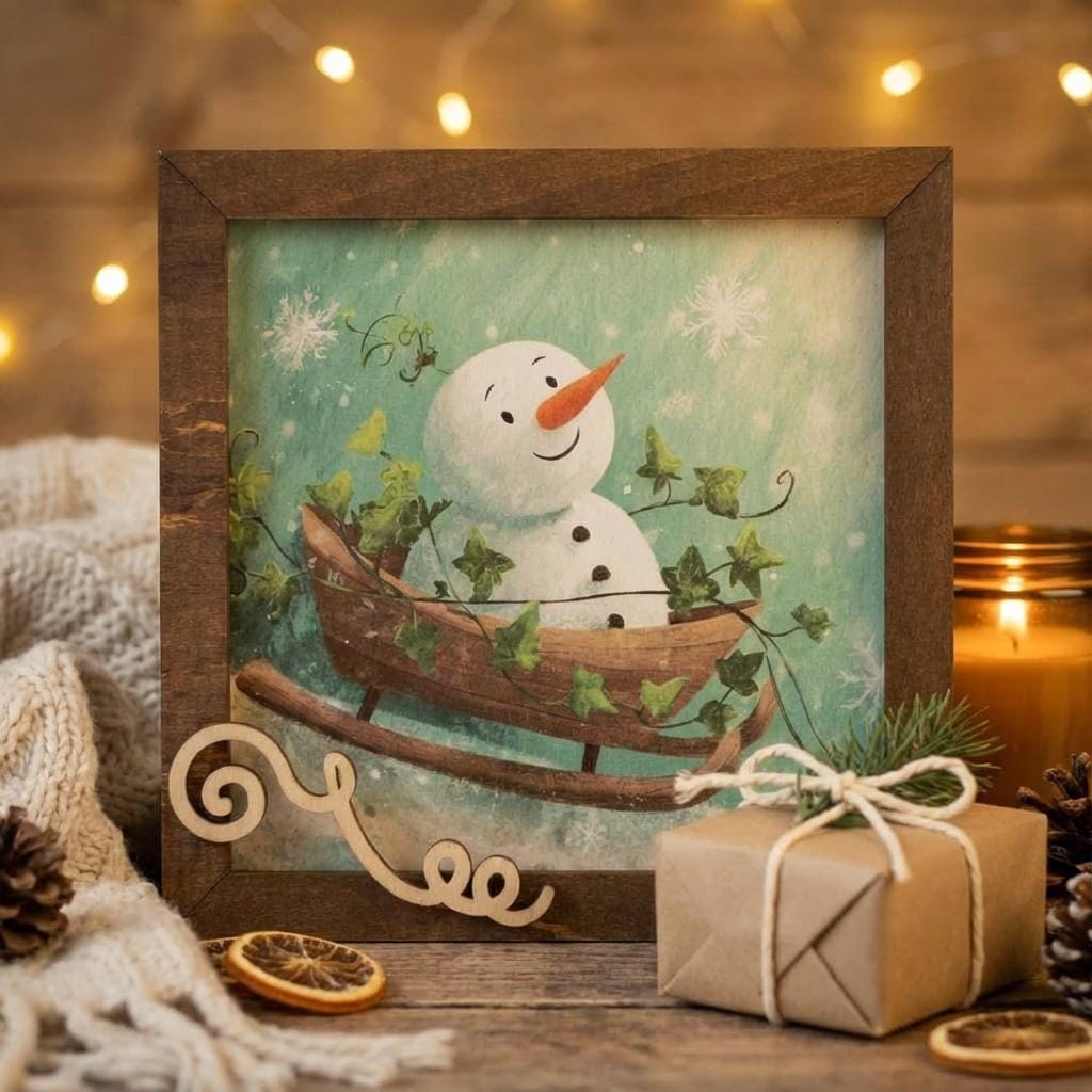 Snowman Art Sign 5.5 Inch – Rustic Farmhouse Winter Decor, Framed Snowman Wall Art, Cozy Christmas Shelf Sign, Handmade Wood Art