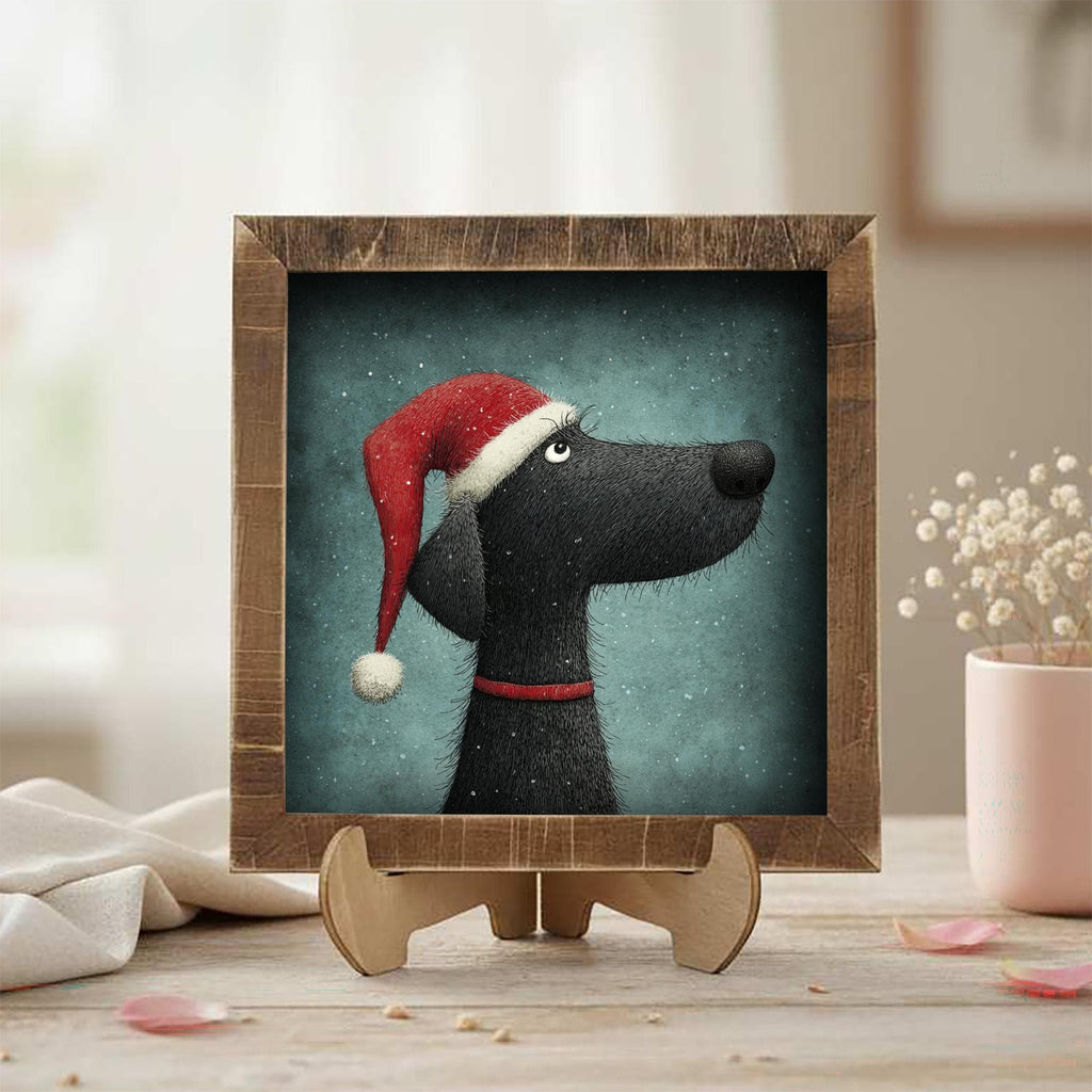 Christmas Dog Framed Art | Whimsical Holiday Dog Illustration | Pet Lover Christmas Decor | Rustic Farmhouse Frame | Easel Included