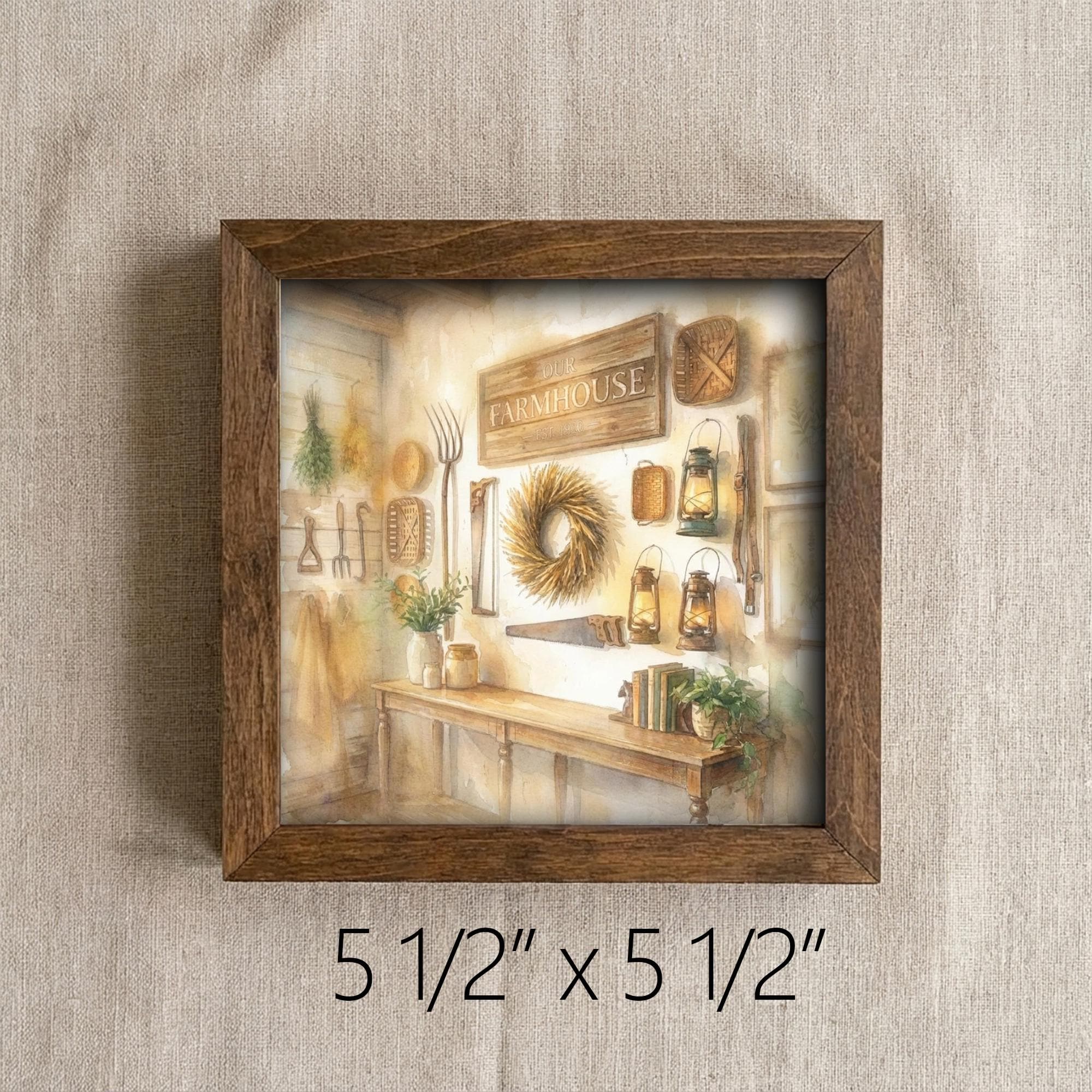 Handmade Farmhouse Framed Art – Rustic Interior Scene, 5.5" Shelf Decor