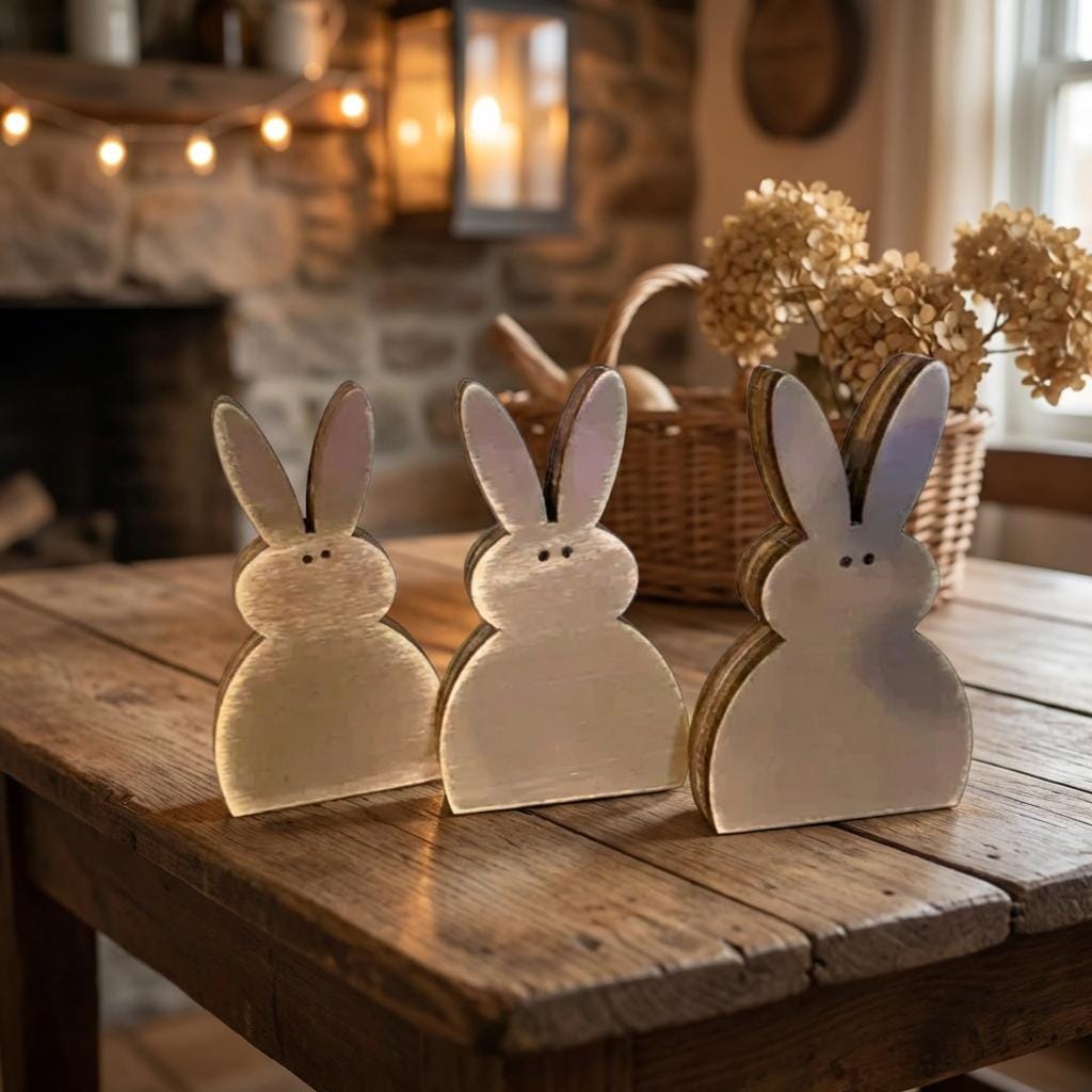 Neutral Mini Bunny Trio – Reversible Wooden Easter Bunnies – Rustic Farmhouse Tiered Tray Decor – 3 Inch Set