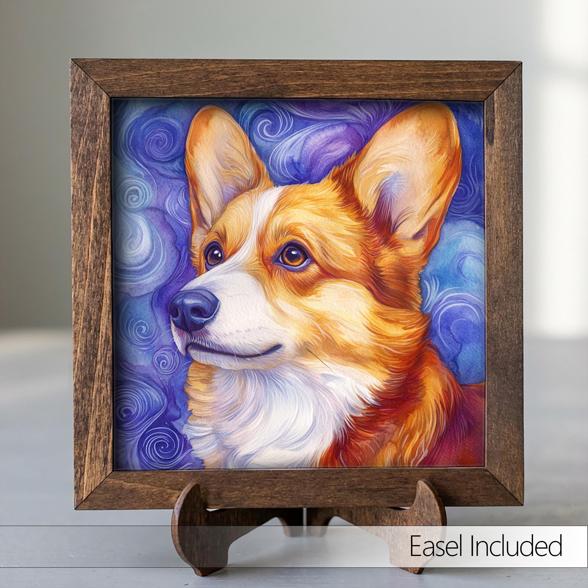 Red and white Corgi Dog Framed Art, Watercolor Corgi Portrait, 5.5 Inch Shelf Decor with Easel, Dog Lover Gift