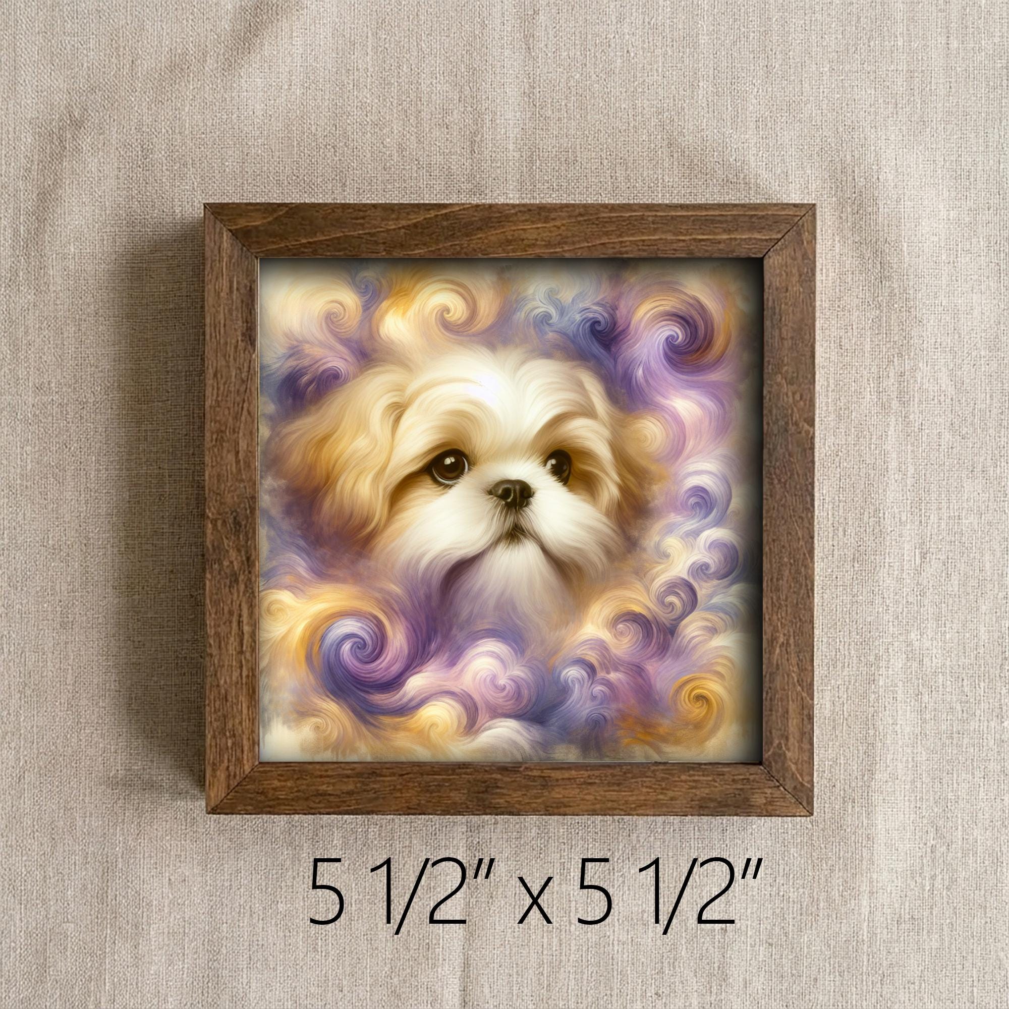 Gold and White Shih Tzu Dog Framed Art, Watercolor Portrait, 5.5 Inch Shelf Decor, Dog Lover Gift