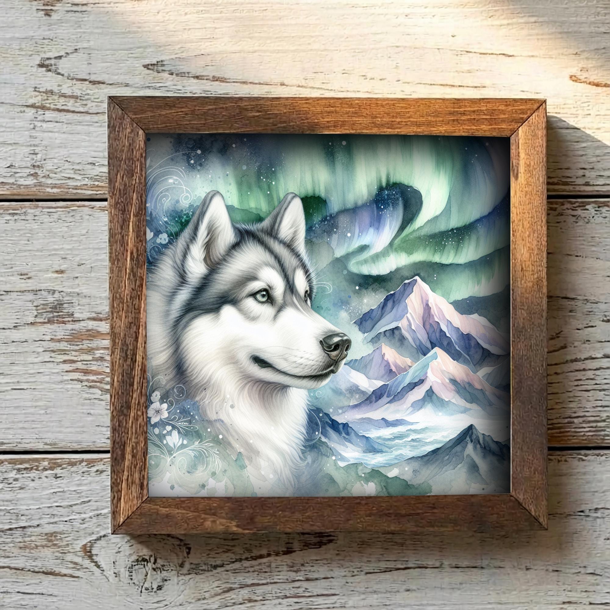 Gray and white Husky Dog Framed Art, Watercolor Husky Portrait, 5.5 Inch Shelf Decor with Easel, Dog Lover Gift