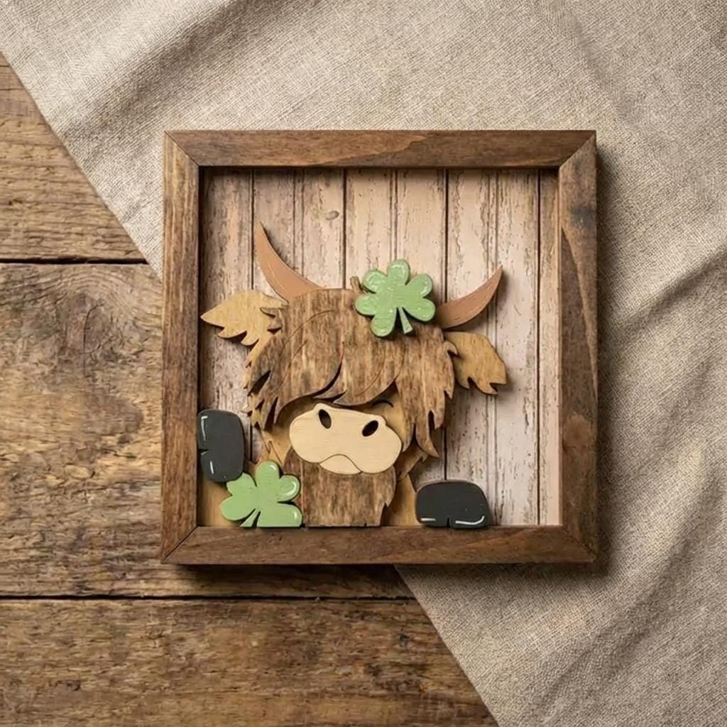 Highland Cow St Patrick’s Day Decor – Rustic Layered Wood Farmhouse Wall Art or Shelf Display – Irish Clover Cow