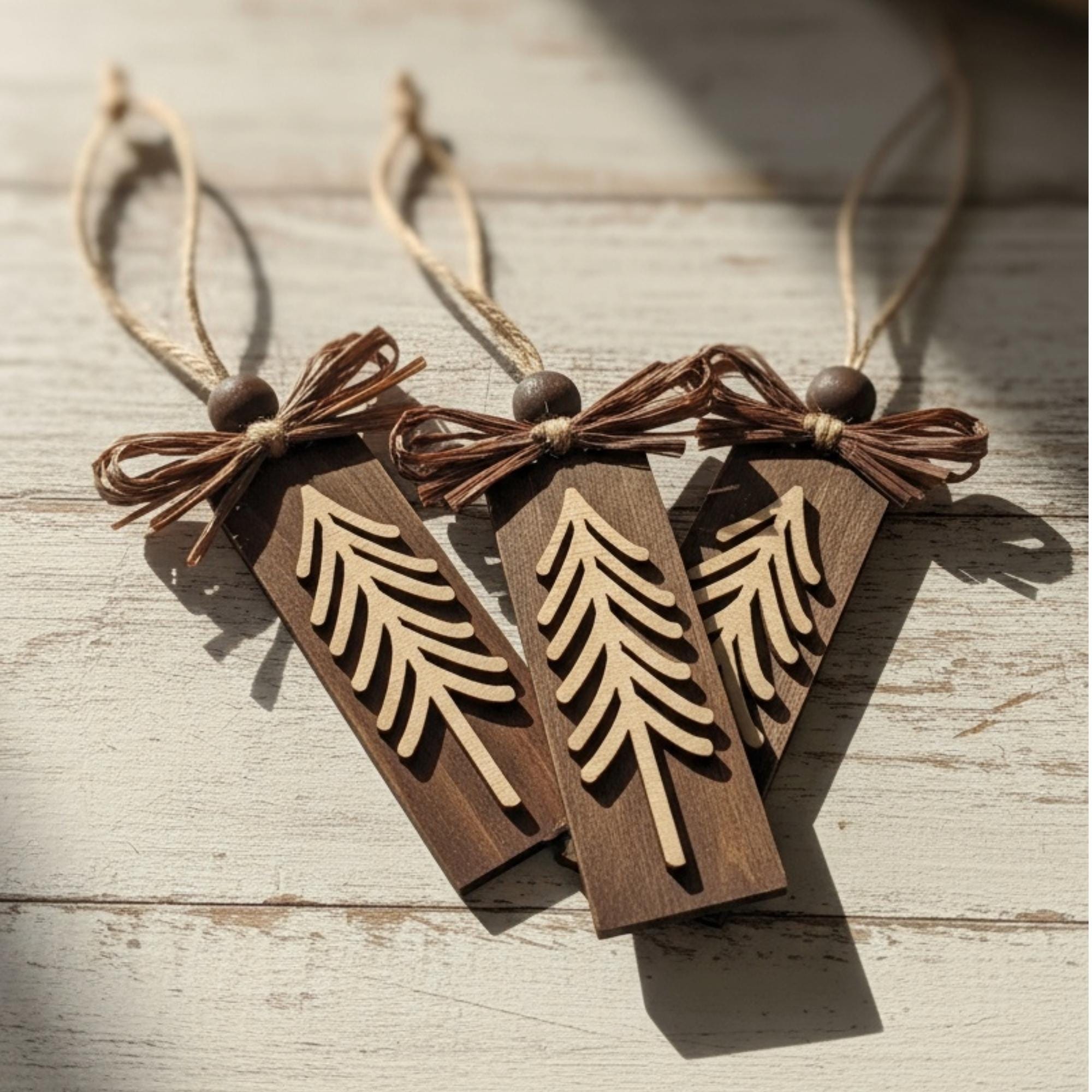 Rustic Evergreen Tree Ornaments – Set of 3 – Tall Layered Wood Design with Brown Bow – Limited Edition Handmade Christmas Decor