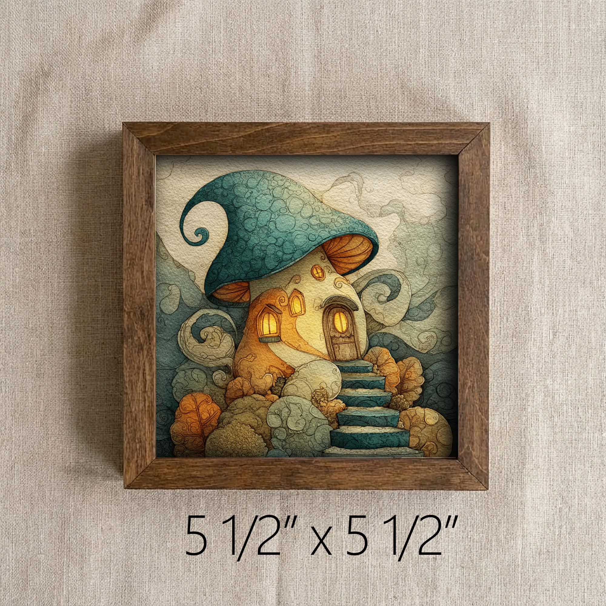 Whimsical Mushroom House Framed Art | Fairy Cottage Decor | Cozy Storybook Illustration | Rustic Farmhouse Frame