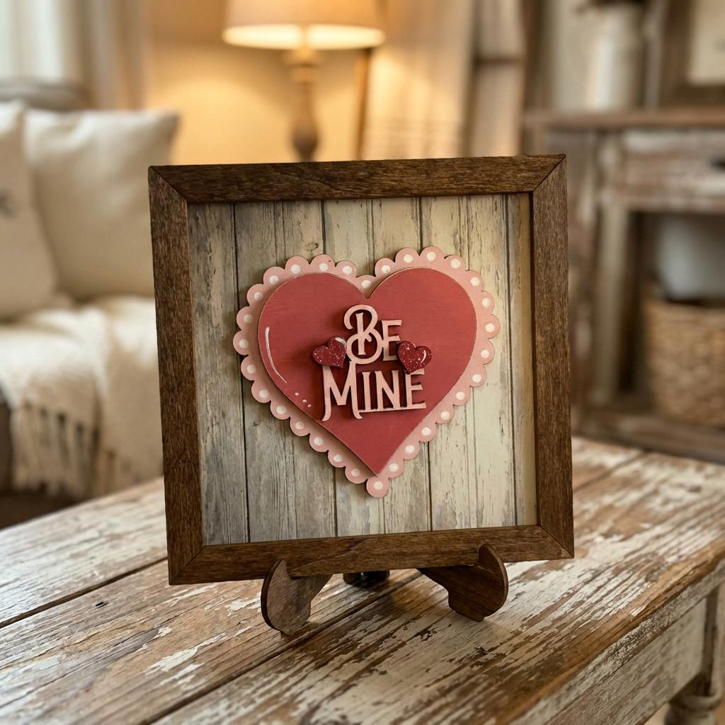Be Mine Valentine Sign, Layered Wood Heart Decor, Rustic Valentine Shelf Sign, Farmhouse Valentine Gift, Easel Included