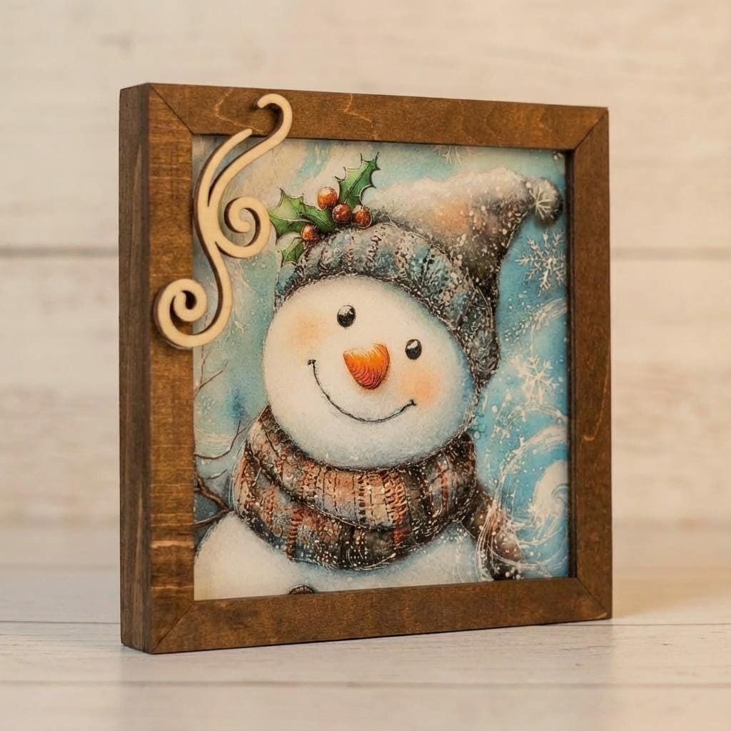 Snowman Art Sign 5.5 Inch – Rustic Farmhouse Winter Decor, Framed Snowman Wall Art, Cozy Christmas Shelf Sign, Handmade Wood Art