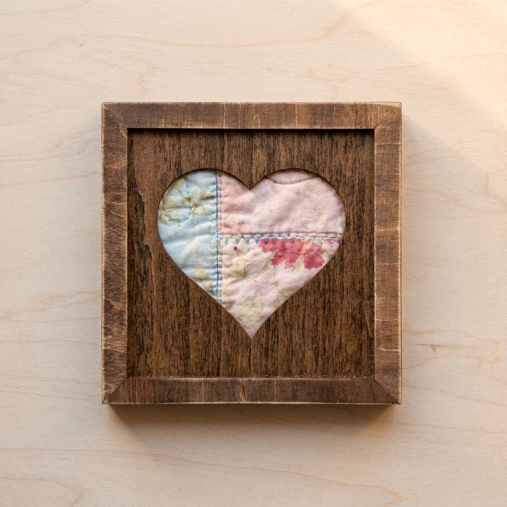 Reclaimed Quilt Heart Wood Sign and Easel – 5.5 Inch Rustic Valentine Decor – Handmade Quilt Fabric Heart – Farmhouse Home Decor