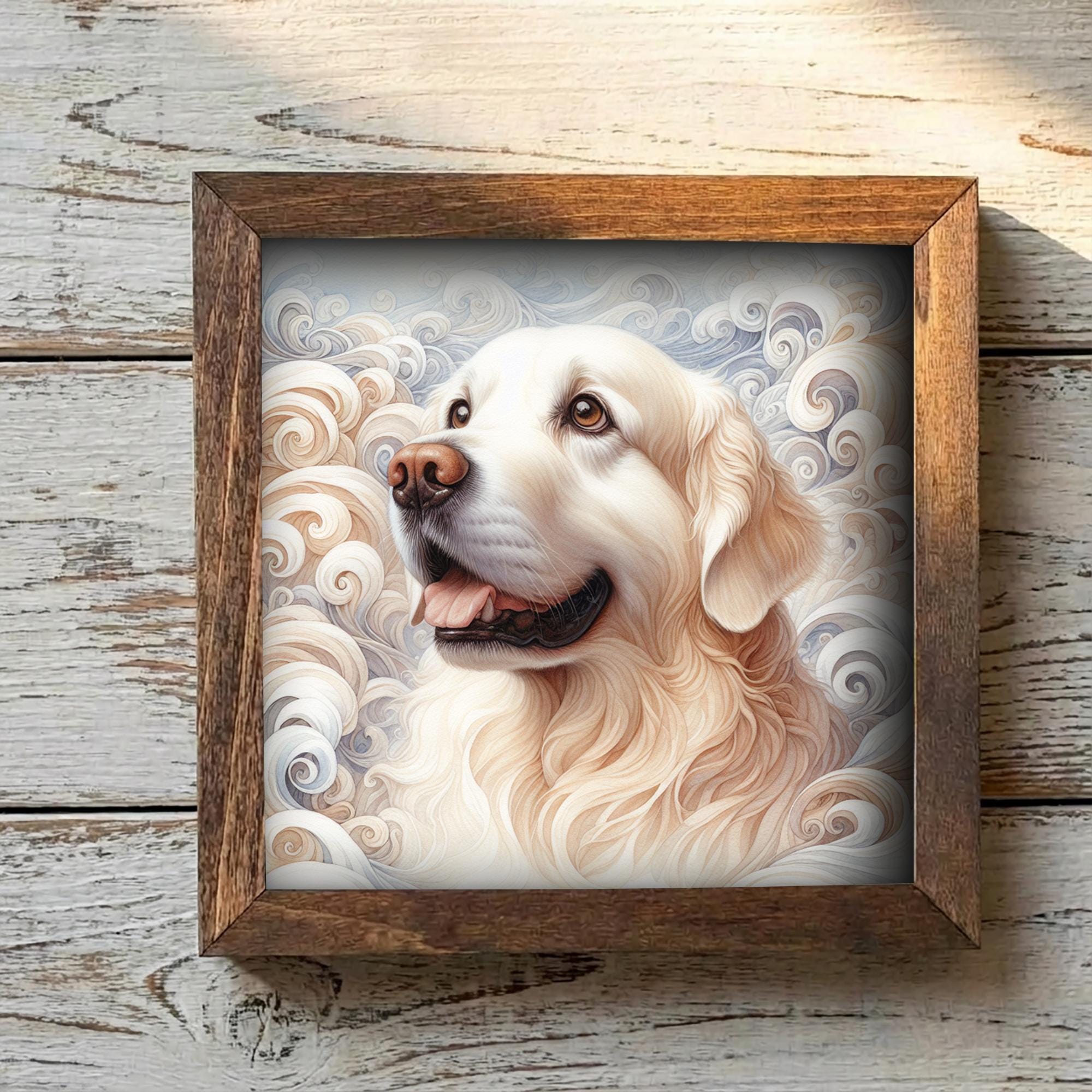 Cream Golden Retriever Dog Framed Art, Watercolor Golden Retriever Portrait, 5.5 Inch Shelf Decor with Easel, Dog Lover Gift