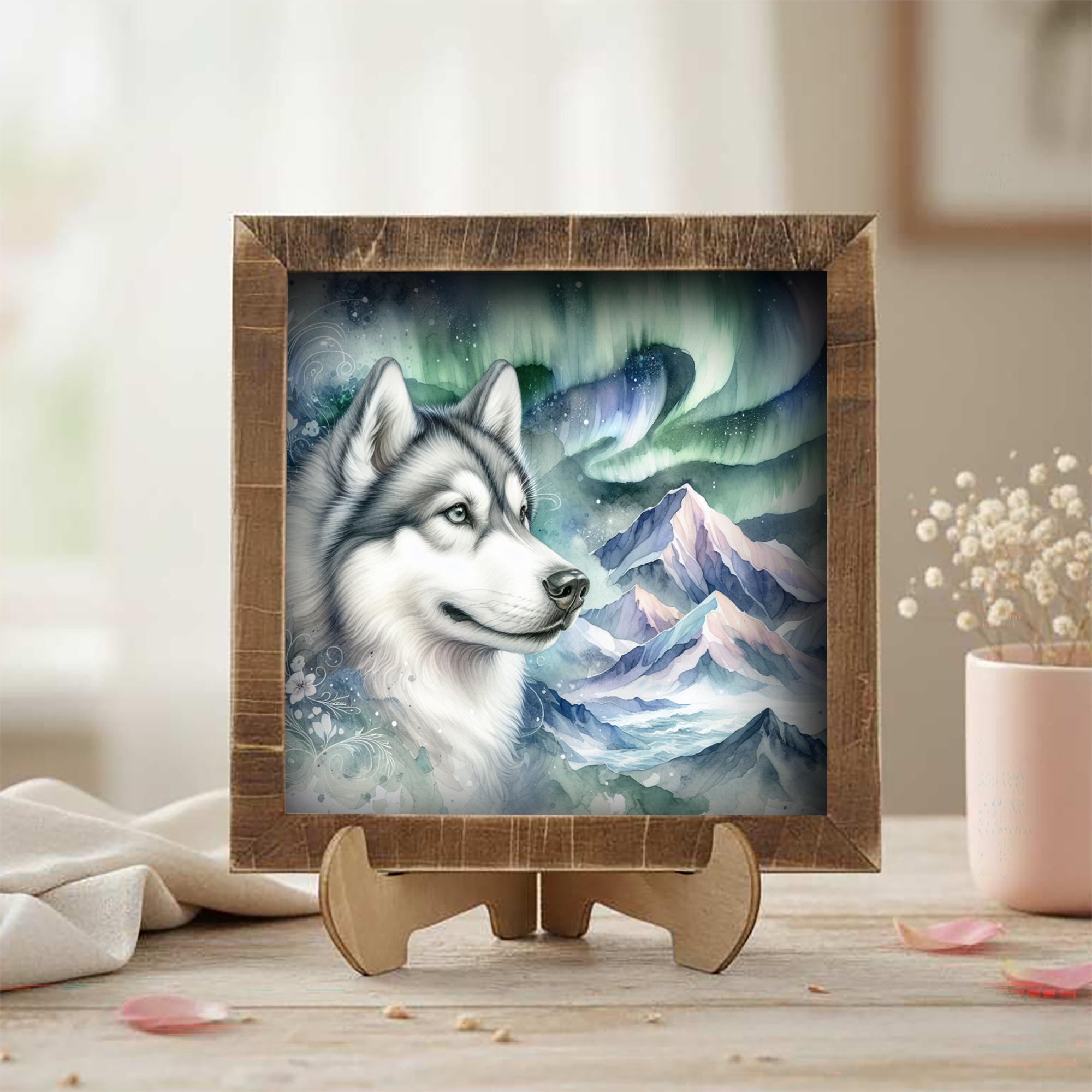 Gray and white Husky Dog Framed Art, Watercolor Husky Portrait, 5.5 Inch Shelf Decor with Easel, Dog Lover Gift