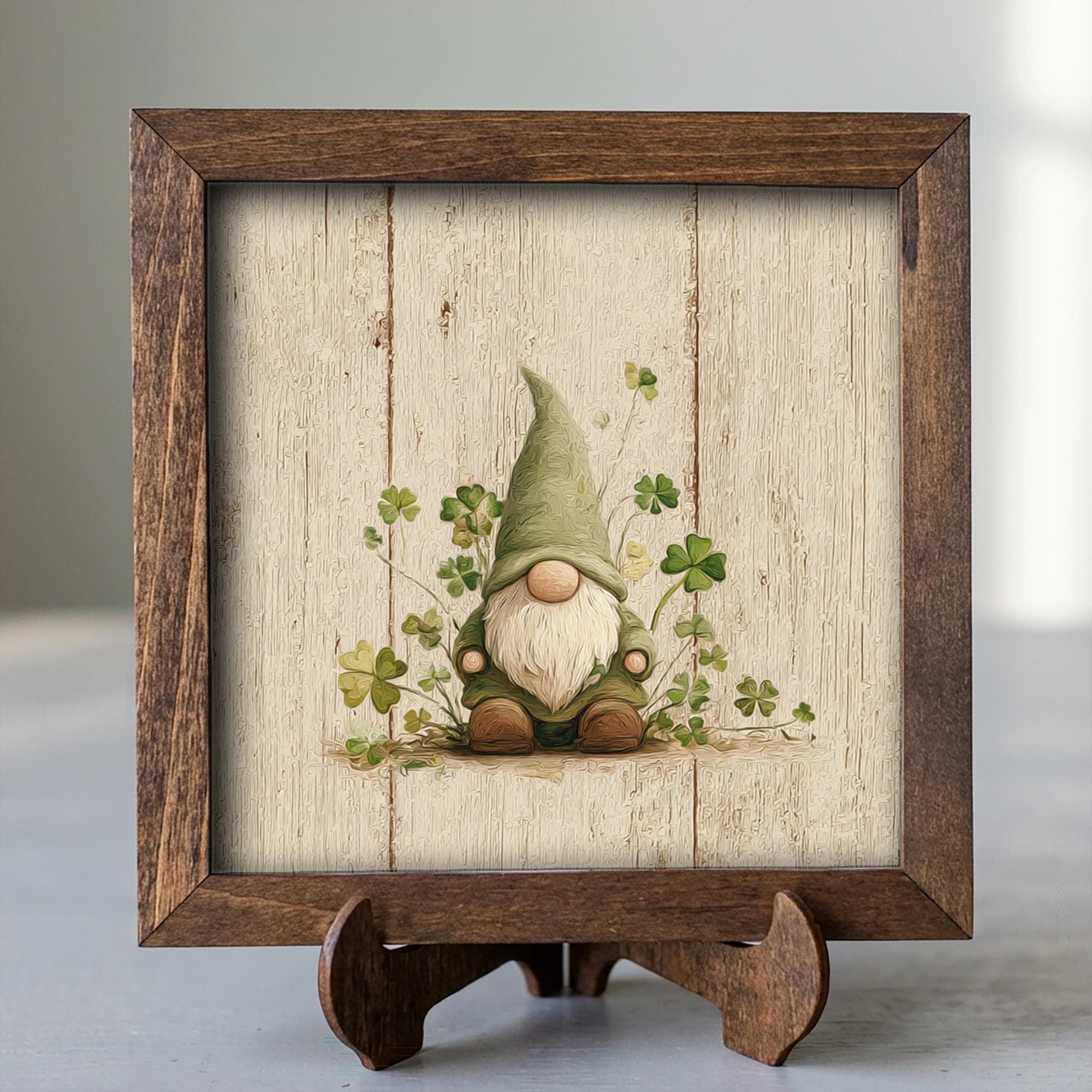 St Patrick’s Day Gnome Decor | Mini Framed Lucky Gnome Art | Farmhouse Shamrock Sign