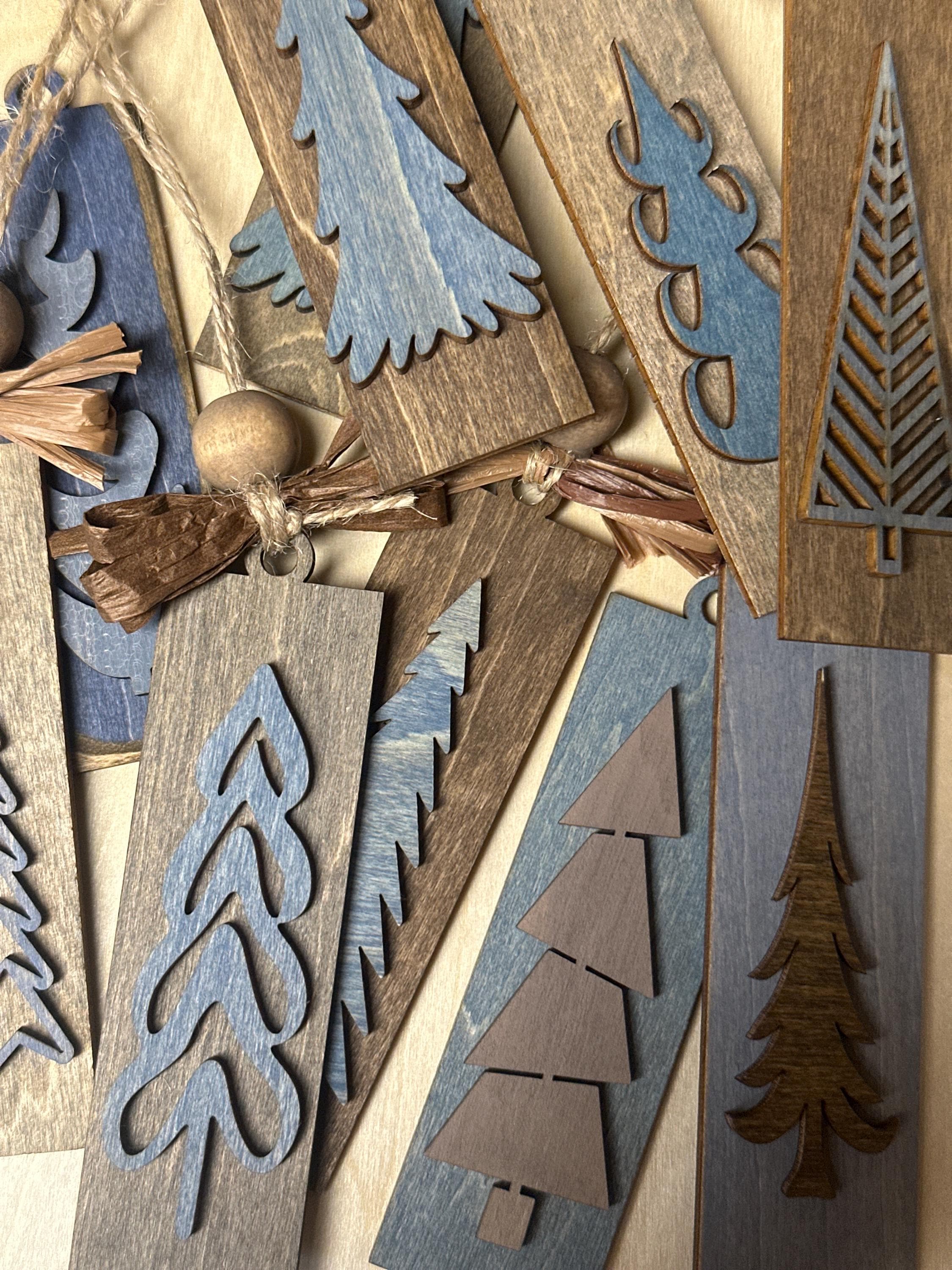 Rustic Christmas Tree Ornaments - Blues Grays and Browns Stained Vintage Bulk Winter Tree Holiday Ornament Handcrafted Wholesale