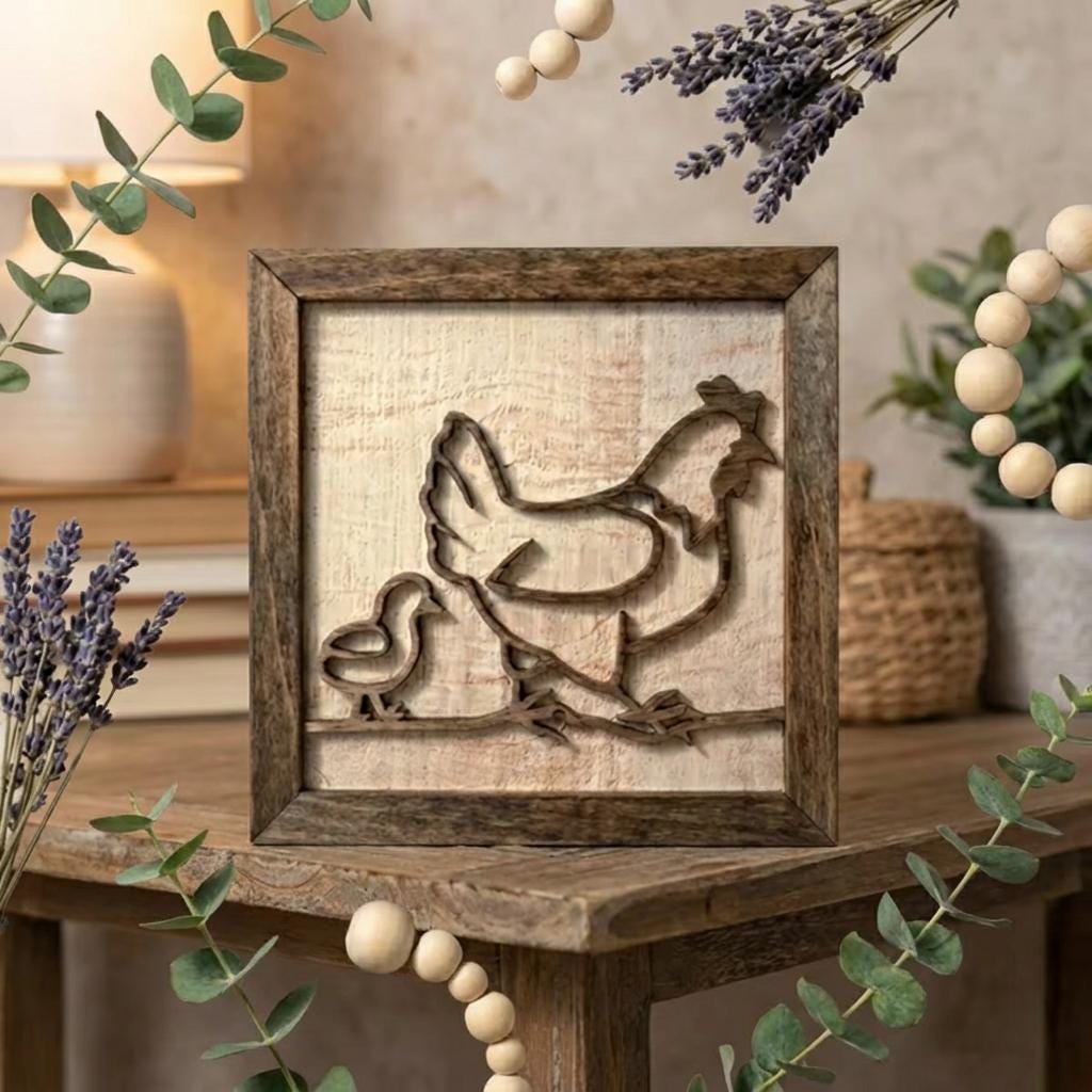 Rustic Farm Wall Art, Layered Wood Farm Decor, Hen & Chick Chicken Sign, Farmhouse Wall Hanging