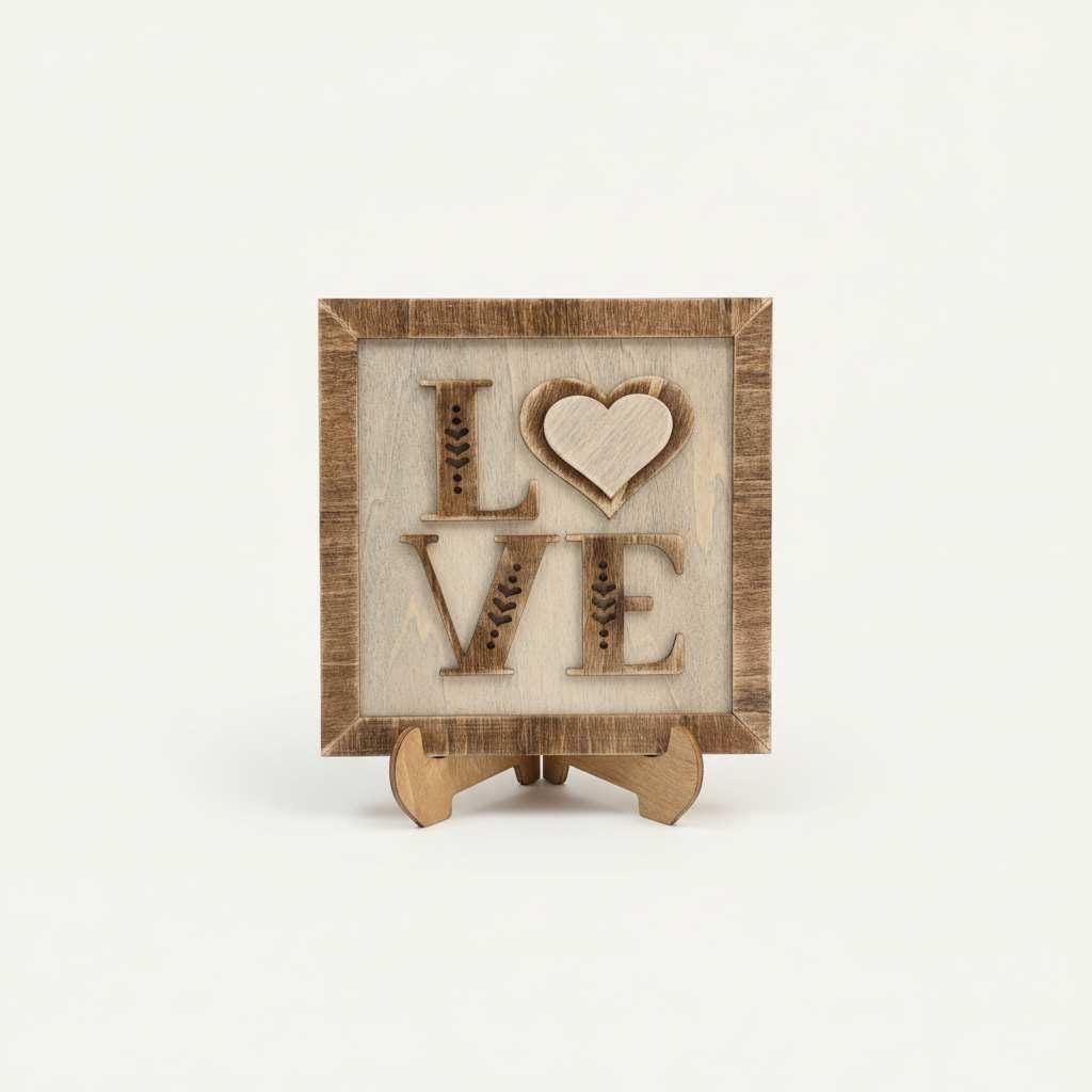 Mini LOVE Sign with Easel – 5.5” Square Shelf Decor – Rustic Farmhouse Tiered Tray Valentine Decor