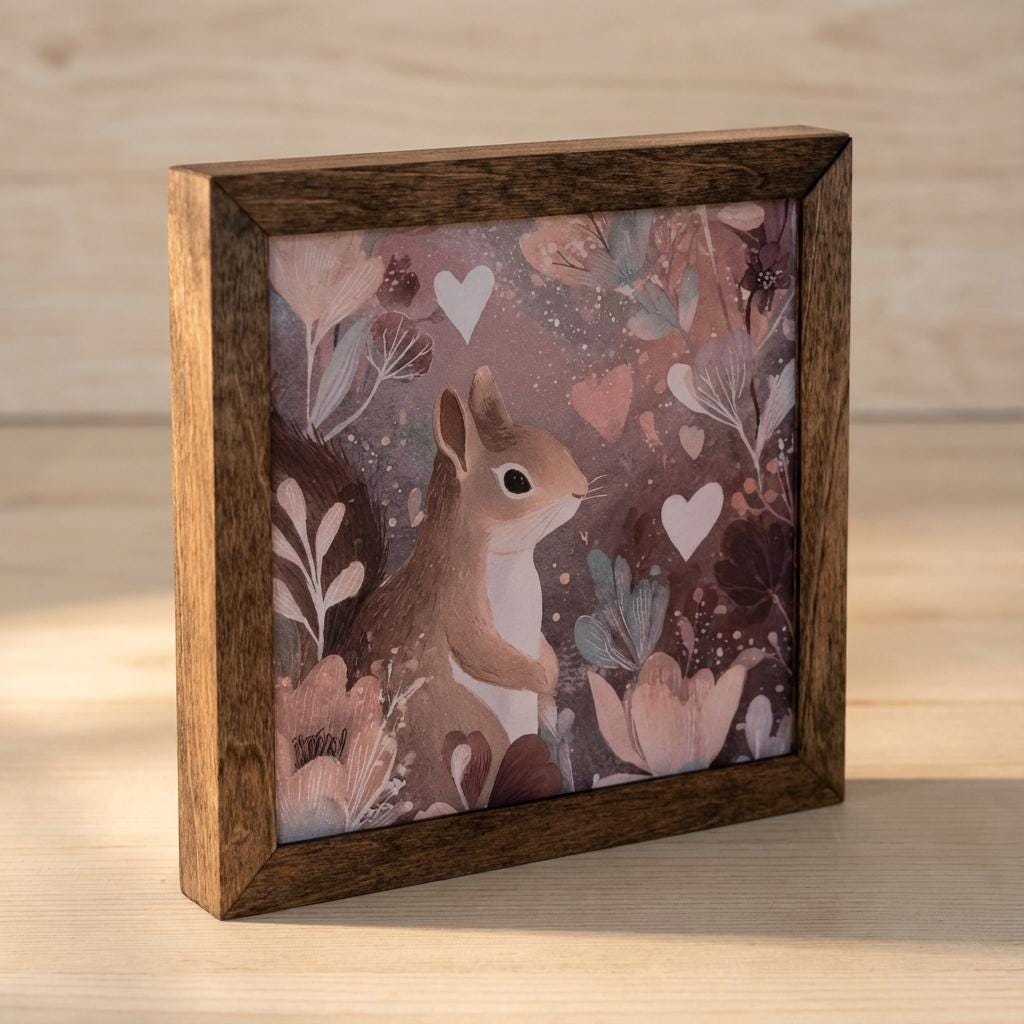 Squirrel Art | Rustic Framed Wood Sign, Floral Woodland Decor