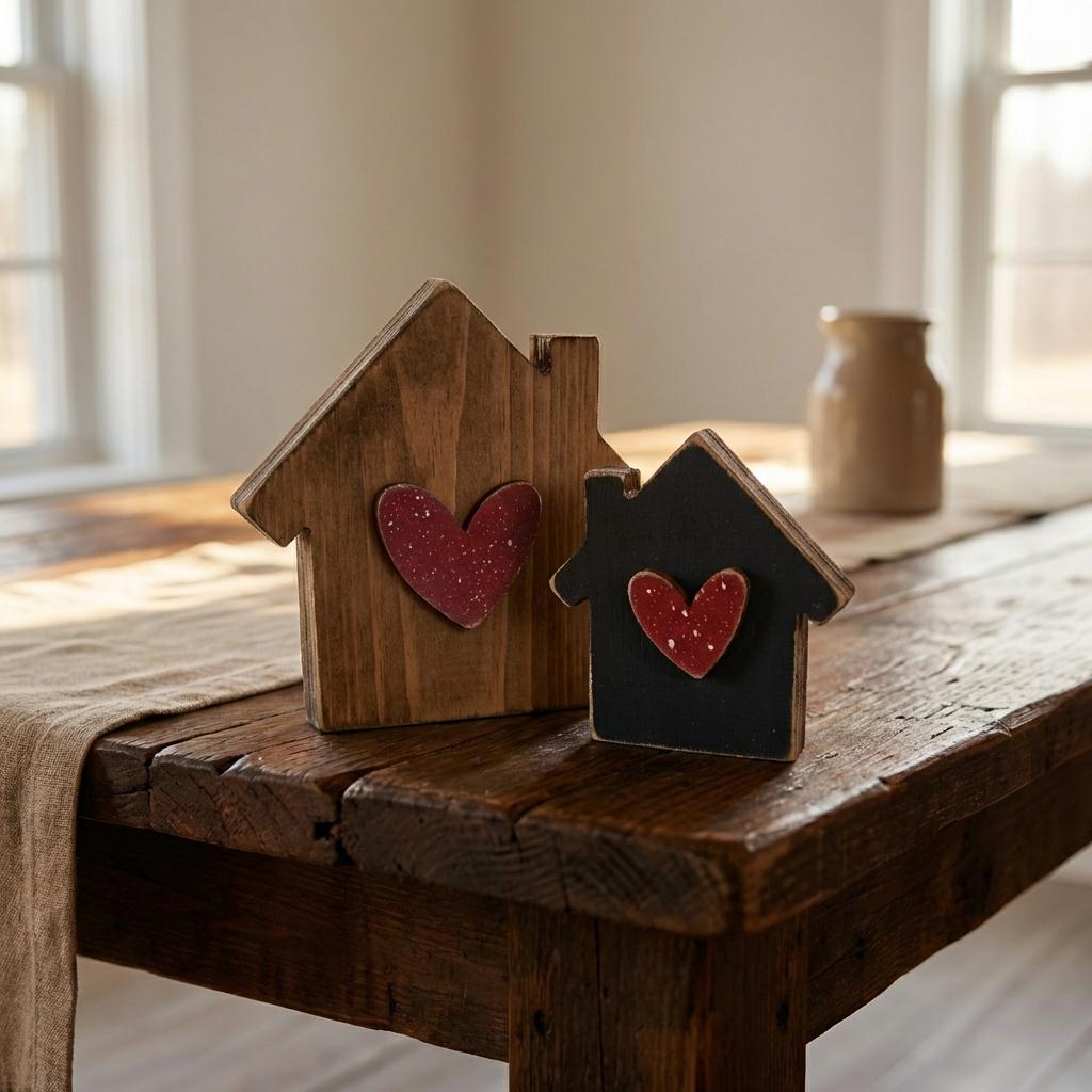 Reversible House Shelf Sitter Set, Rustic Home Decor Pair, Double-Sided Wood Houses with Hearts, Farmhouse Shelf Decor