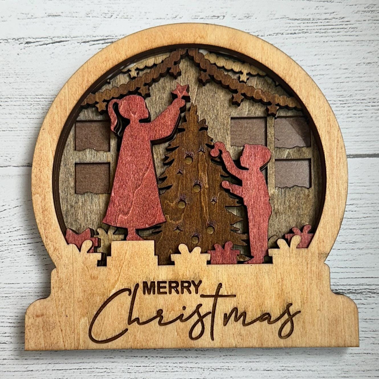 Wooden Layered Snow Globe with Merry Christmas and Children decorating tree - Stained Wood Home Decor Key Hook Rustic