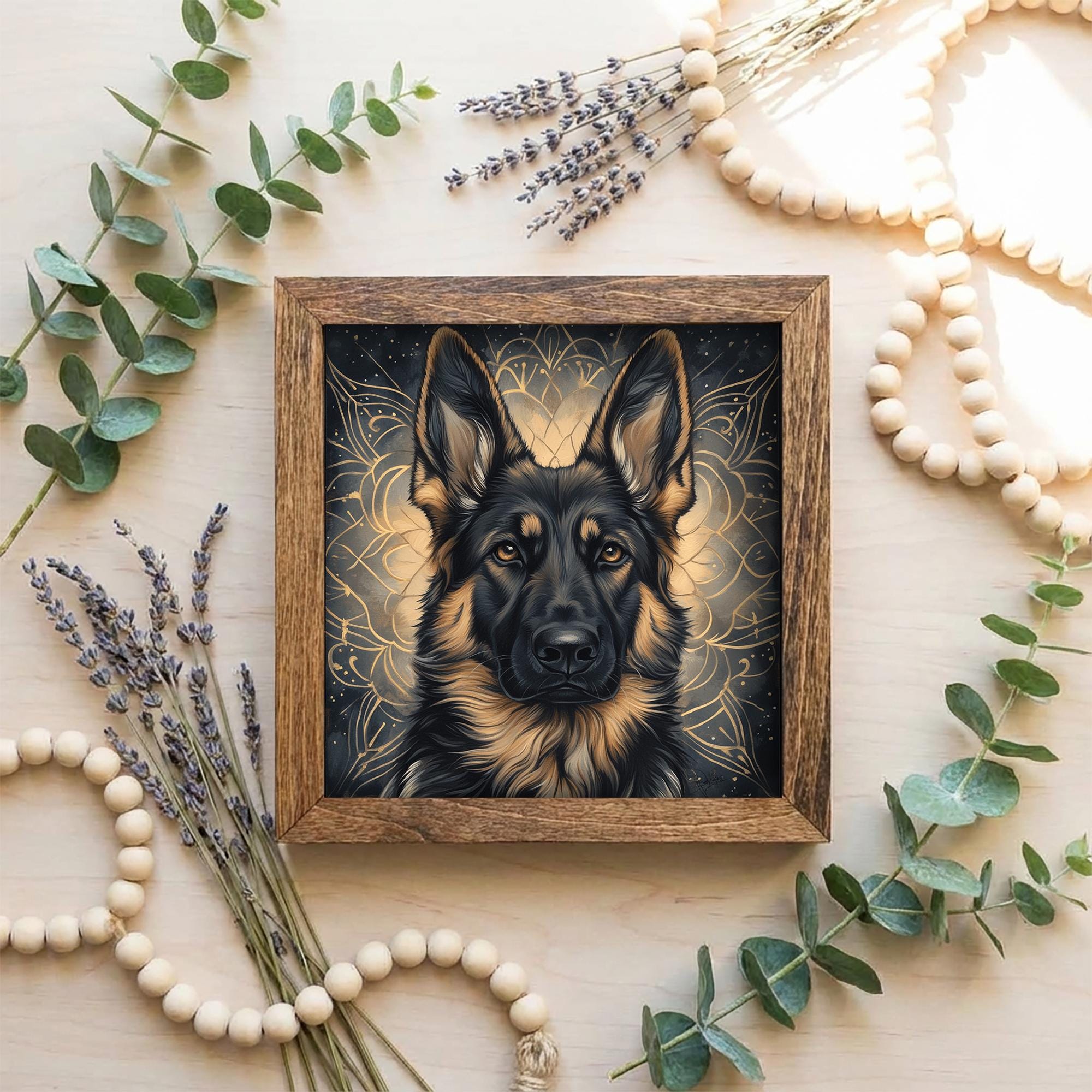 Classic Saddle Pattern German Shepherd Dog Framed Art, Watercolor German Shepherd Portrait, 5.5 Inch Shelf Decor with Easel, Dog Lover Gift