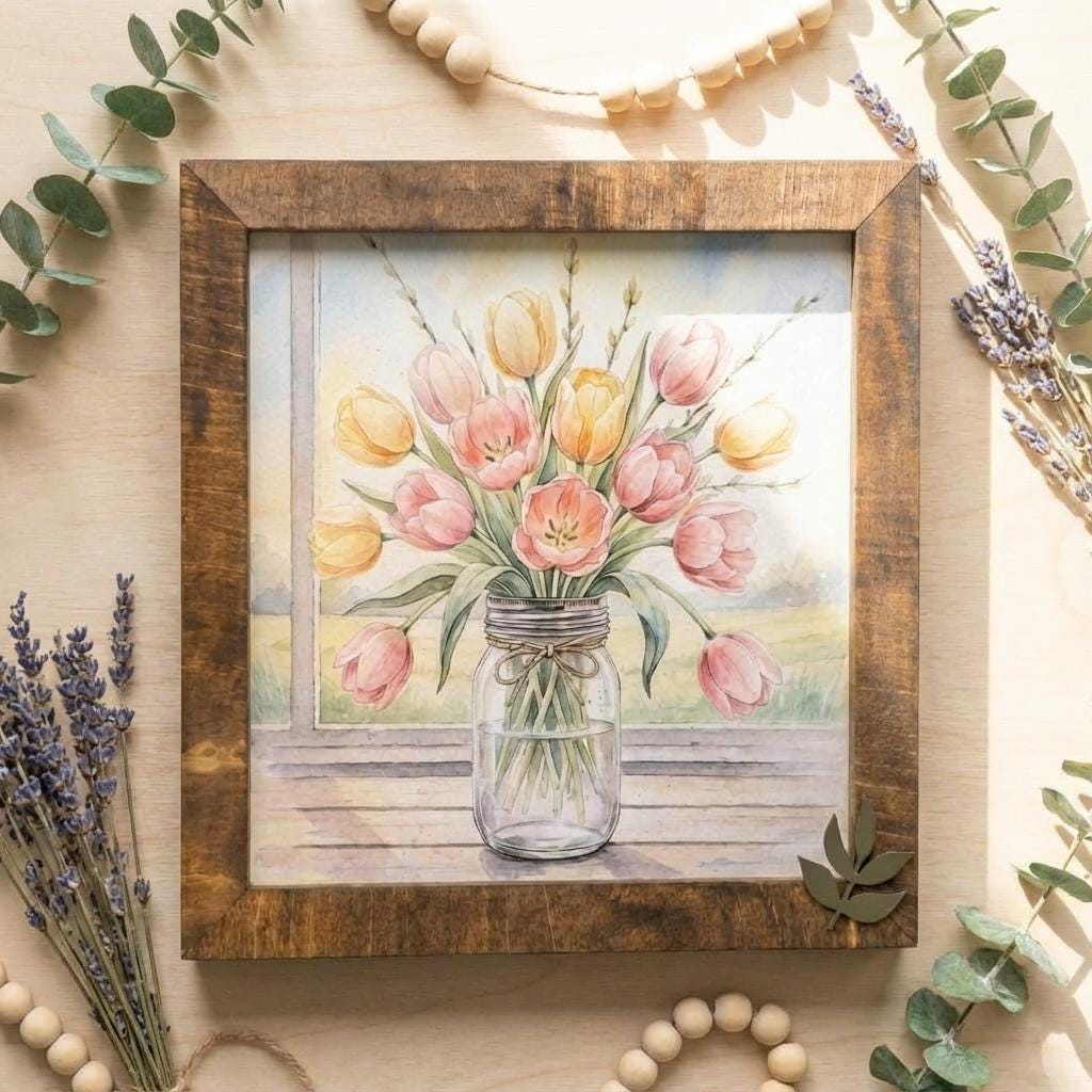 Tulip Mason Jar Wood Sign • Farmhouse Watercolor Floral Art
