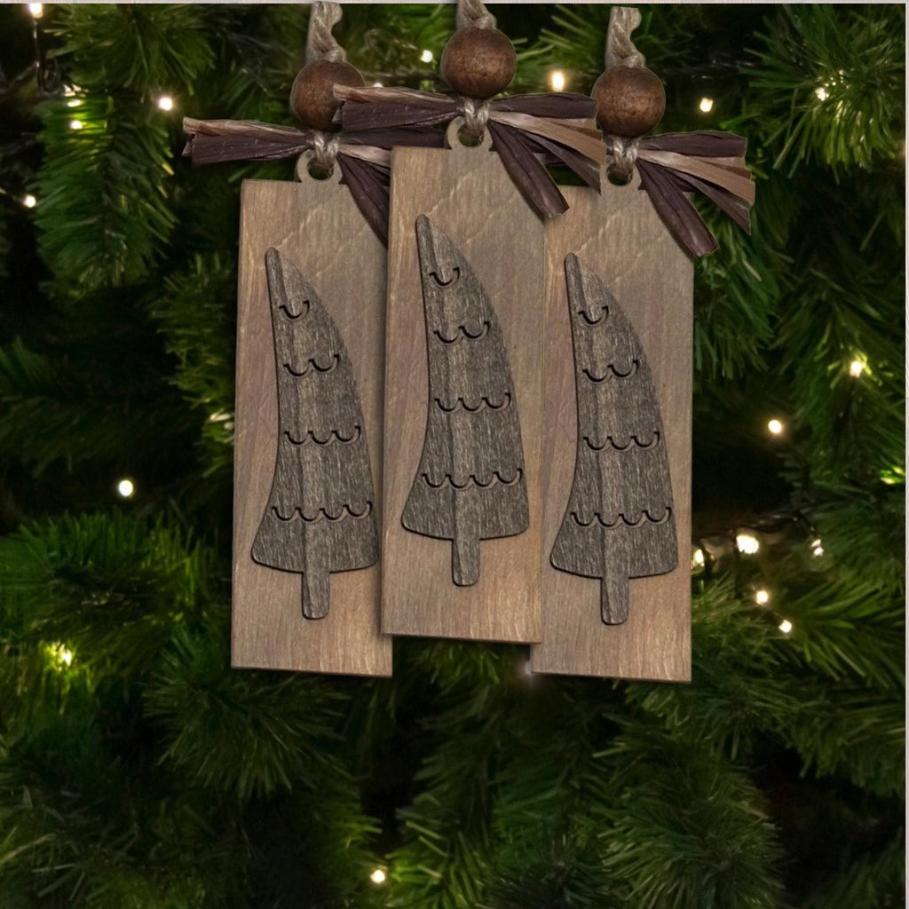 Country Brown Natural Wood Tree Ornament, Wood Holiday Decor, rustic farmhouse ornament, woodland holiday decor, Single or Bulk Qty