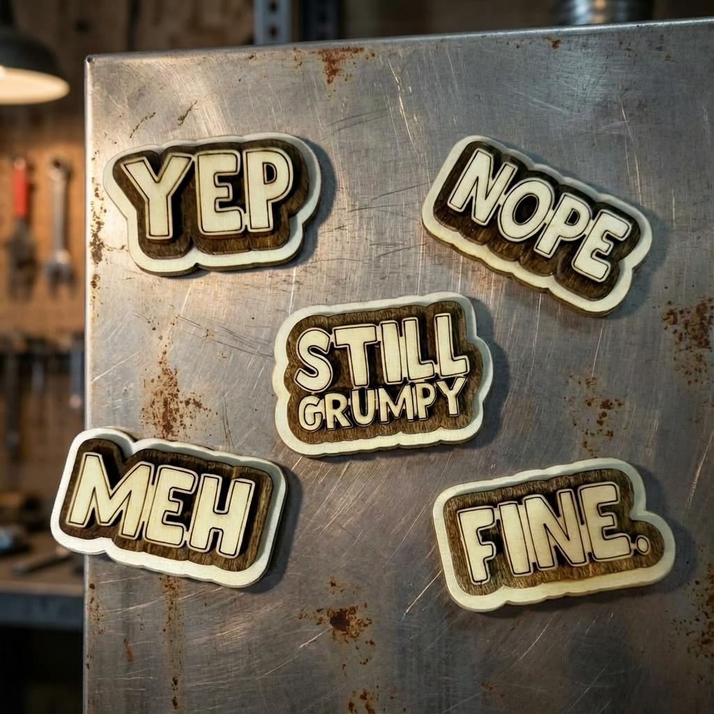 Funny Rustic Wood Magnet Set | Farmhouse Fridge Magnets | Handmade Country Decor | Yep | Nope | Meh | Fine | Still Grumpy