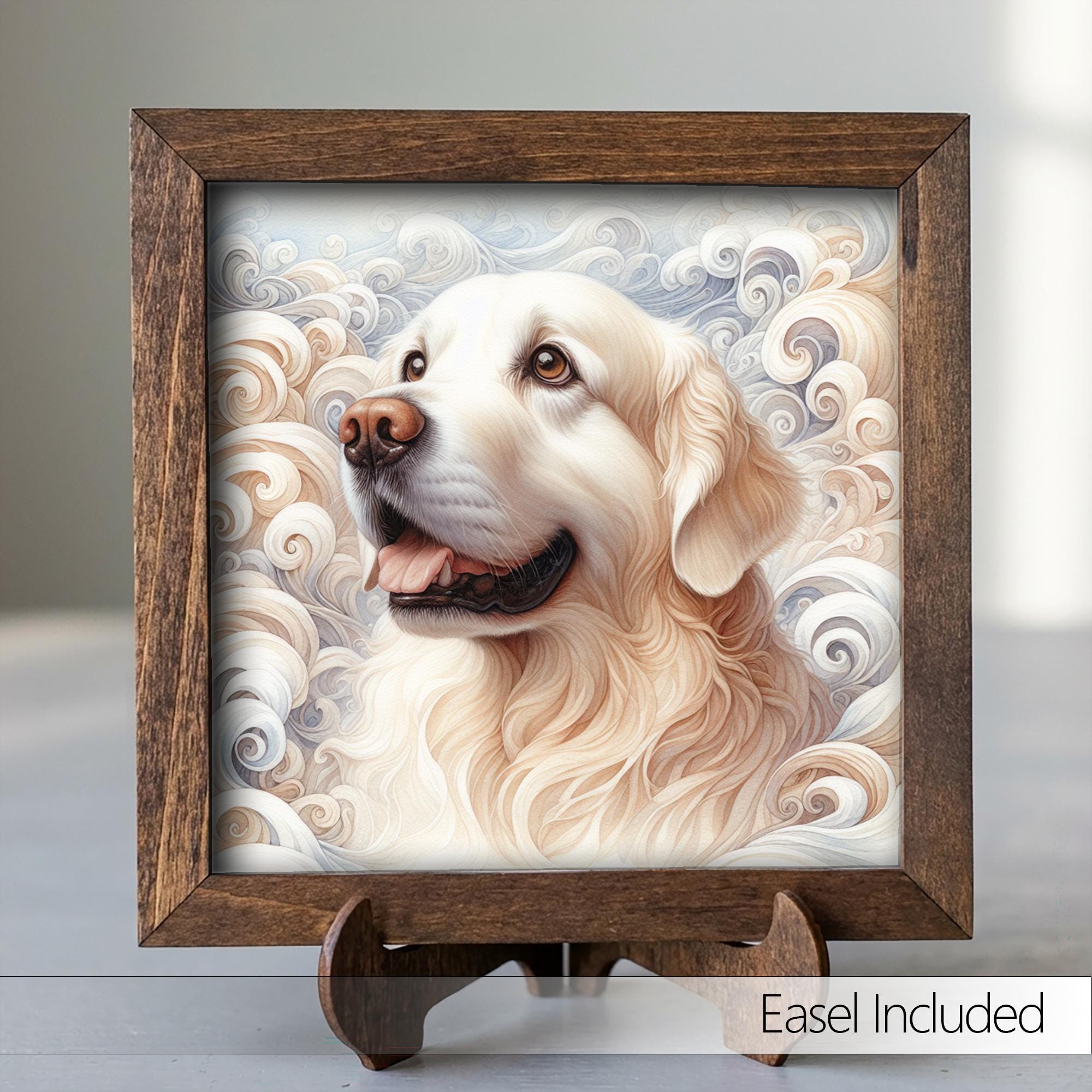 Cream Golden Retriever Dog Framed Art, Watercolor Golden Retriever Portrait, 5.5 Inch Shelf Decor with Easel, Dog Lover Gift