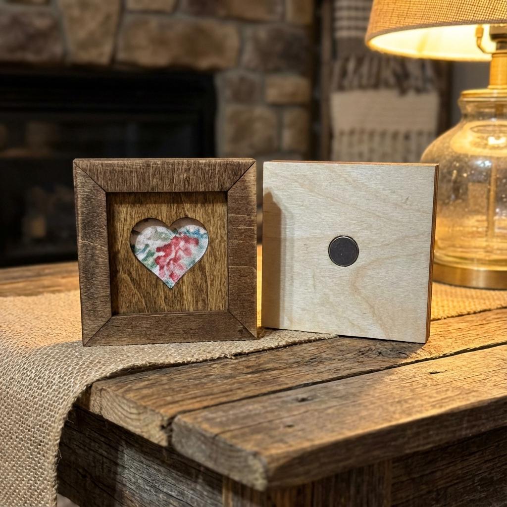 Reclaimed Quilt Heart Wood Magnet or Sign – Mini Rustic Valentine Decor – Handmade Fabric Heart – Farmhouse Shelf Sitter