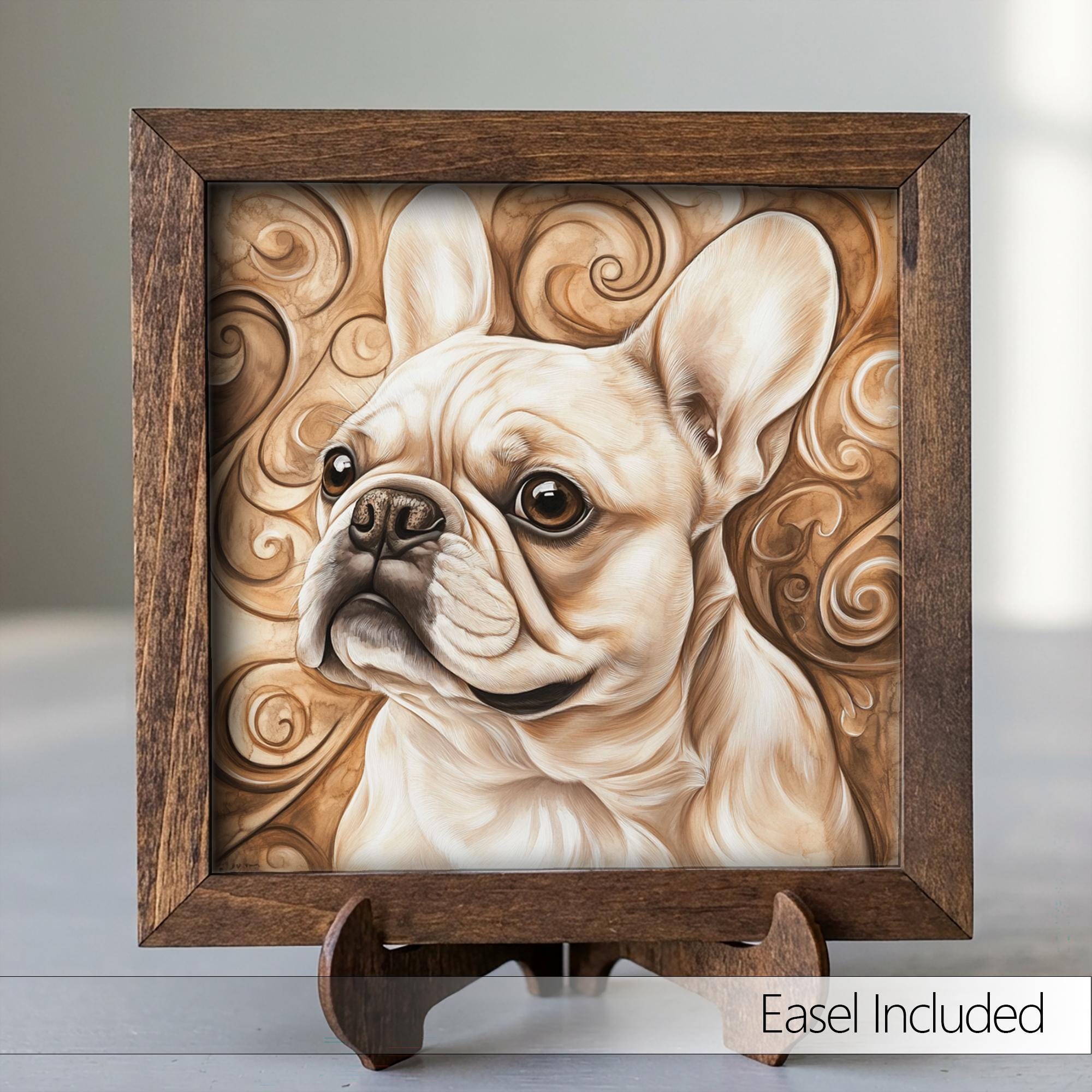 Fawn French Bulldog Dog Framed Art, Watercolor French Bulldog Portrait, 5.5 Inch Shelf Decor with Easel, Dog Lover Gift