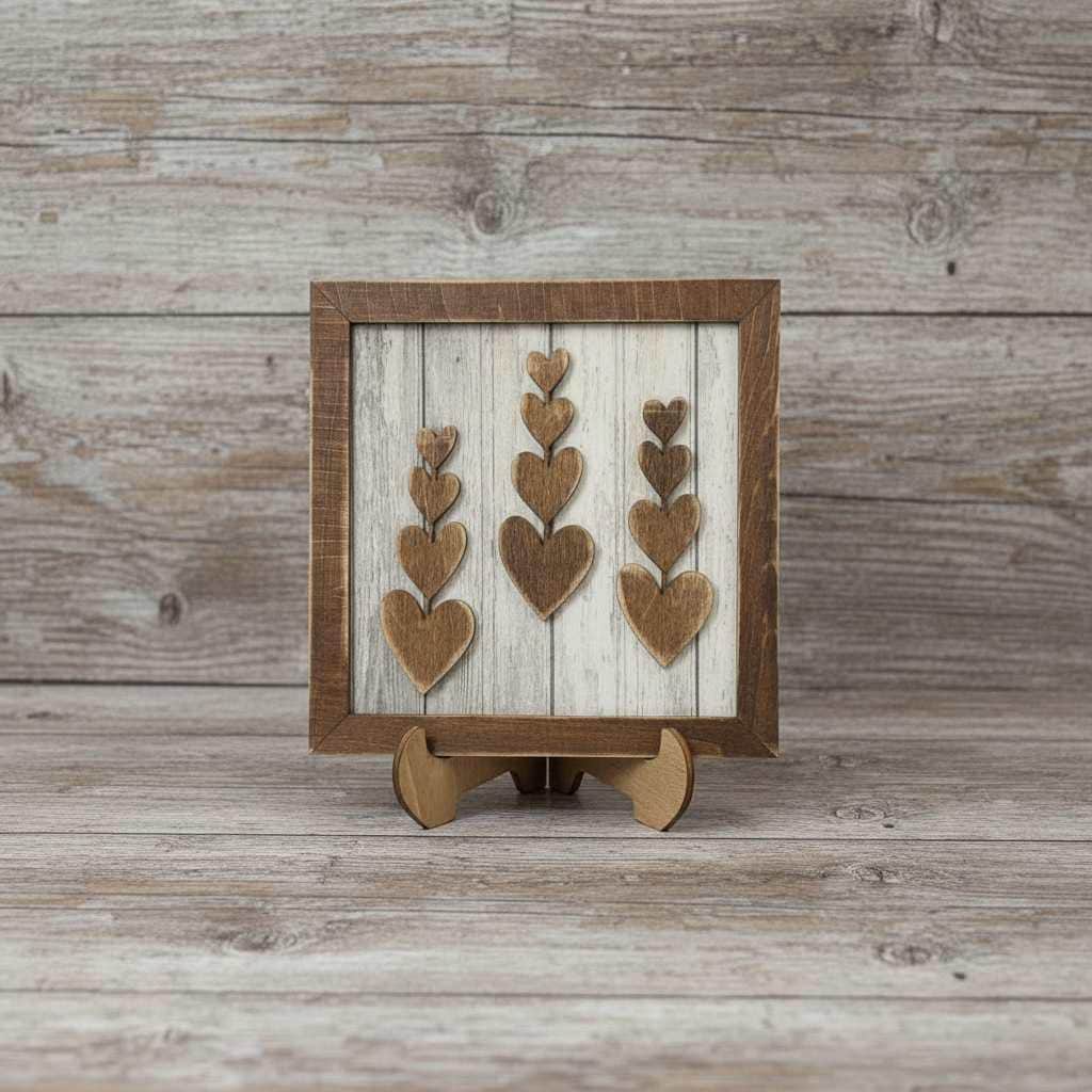 Rustic Tiered Heart Art Sign with Easel – 5.5” Square Shelf Decor – Rustic Farmhouse Tiered Tray Valentine Decor