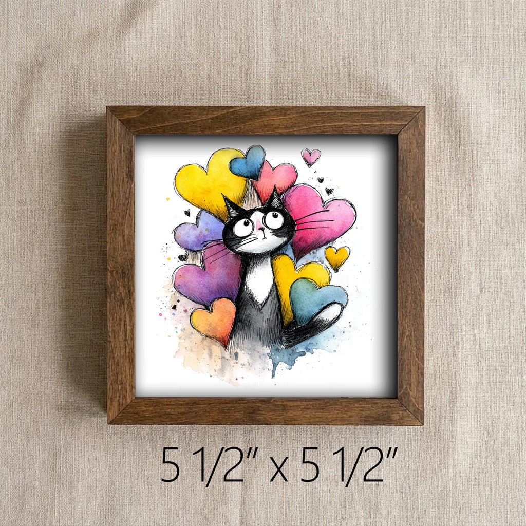 Framed Cat Art | Whimsical Watercolor Illustration, Colorful Hearts