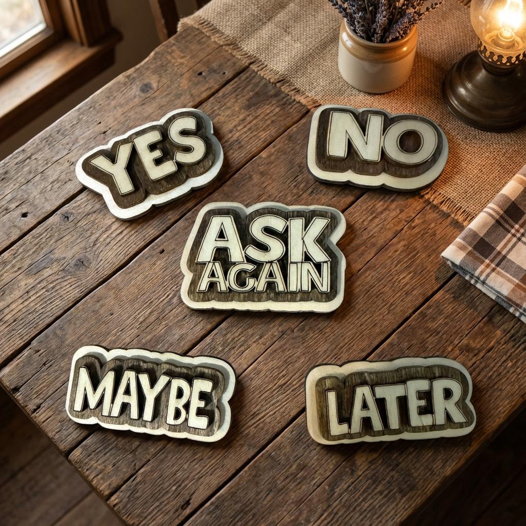 Funny Rustic Wood Magnet Set | Farmhouse Fridge Magnets | Handmade Country Decor | Yes | No | Ask Again | Maybe | Later