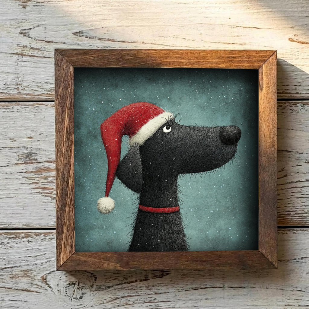 Christmas Dog Framed Art | Whimsical Holiday Dog Illustration | Pet Lover Christmas Decor | Rustic Farmhouse Frame | Easel Included