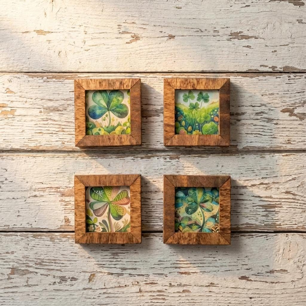 Rustic Wood Fridge Magnets | Handmade Farmhouse Magnet Decor | Clover Art Mini Wood Frames | Strong Flush Magnets St Patricks Day