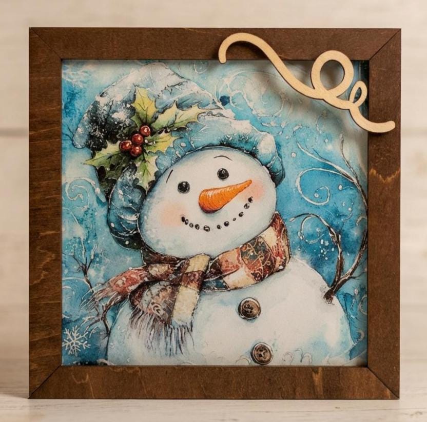 Snowman Art Sign 5.5 Inch – Rustic Farmhouse Winter Decor, Framed Snowman Wall Art, Cozy Christmas Shelf Sign, Handmade Wood Art