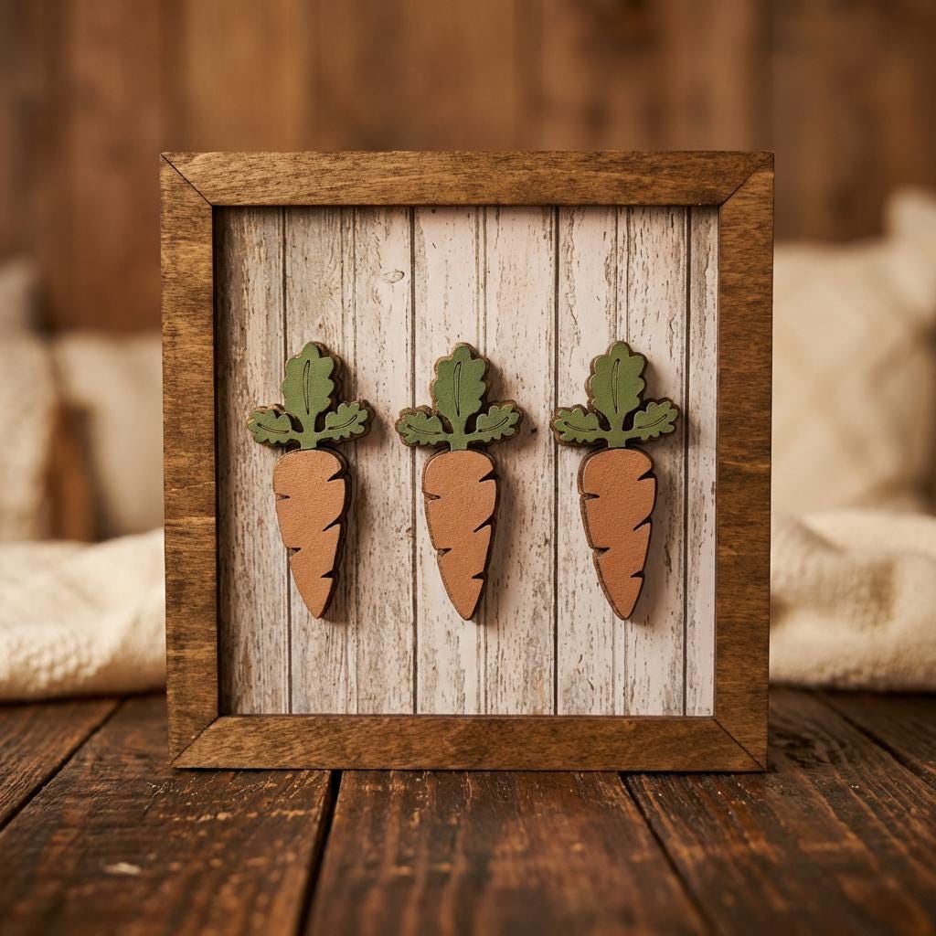 Easter Carrot Farmhouse Decor – Rustic Framed Wood Wall Art or Shelf Display – Neutral Spring Tiered Tray Decor