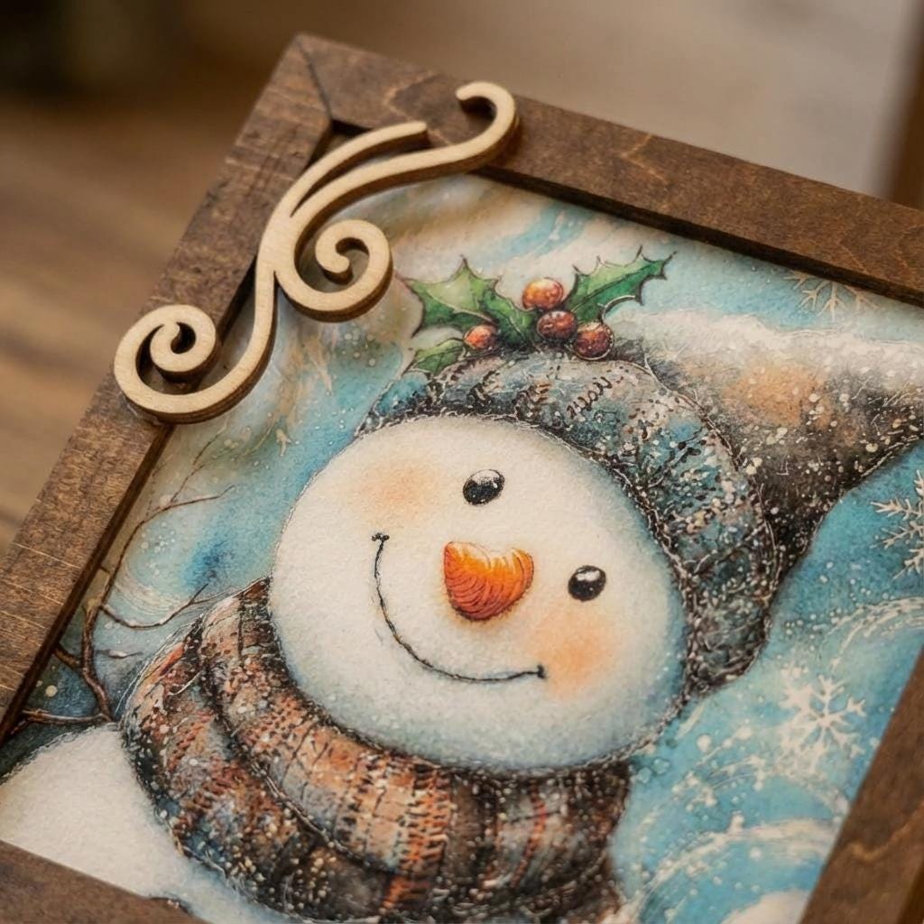 Snowman Art Sign 5.5 Inch – Rustic Farmhouse Winter Decor, Framed Snowman Wall Art, Cozy Christmas Shelf Sign, Handmade Wood Art
