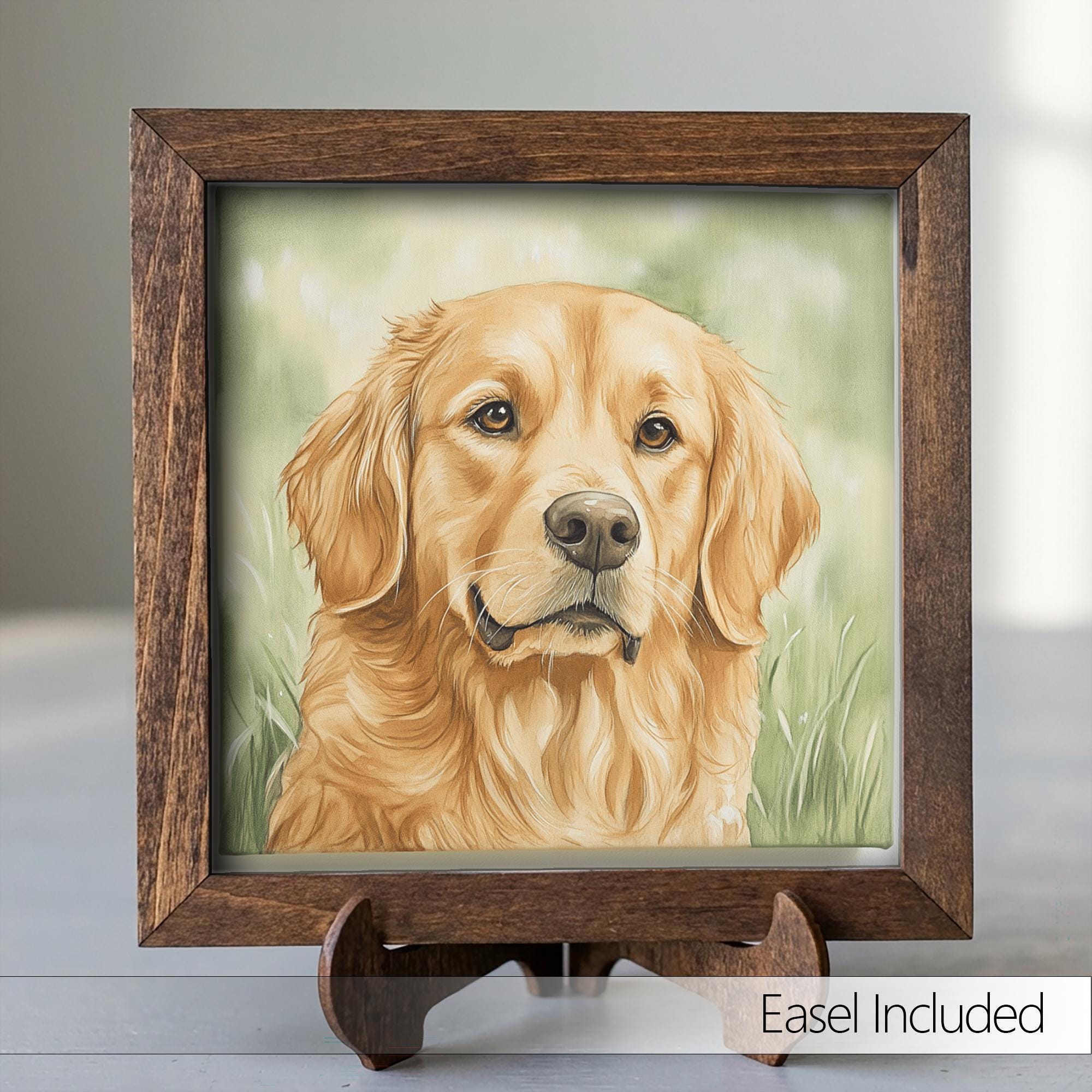 Classic golden Golden Retriever Dog Framed Art, Watercolor Golden Retriever Portrait, 5.5 Inch Shelf Decor with Easel, Dog Lover Gift