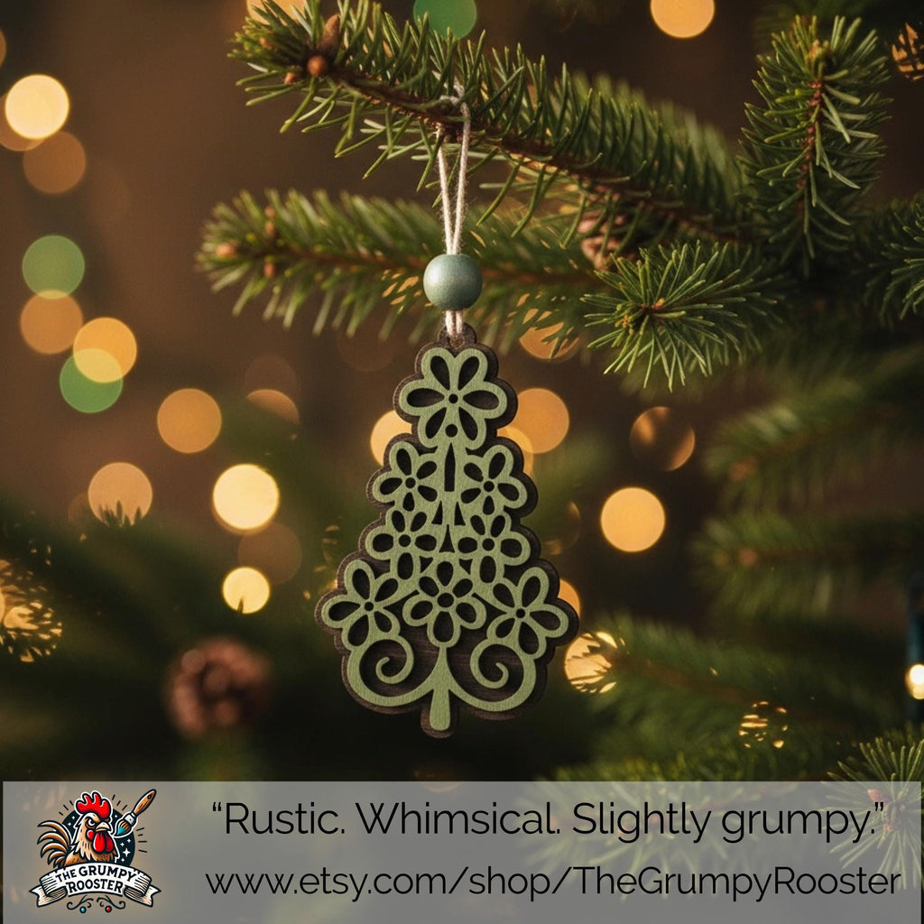 Rustic Green Layered Wood Tree and Leaf Ornaments – Set of 10 Handmade Christmas Decorations – Farmhouse Holiday Decor