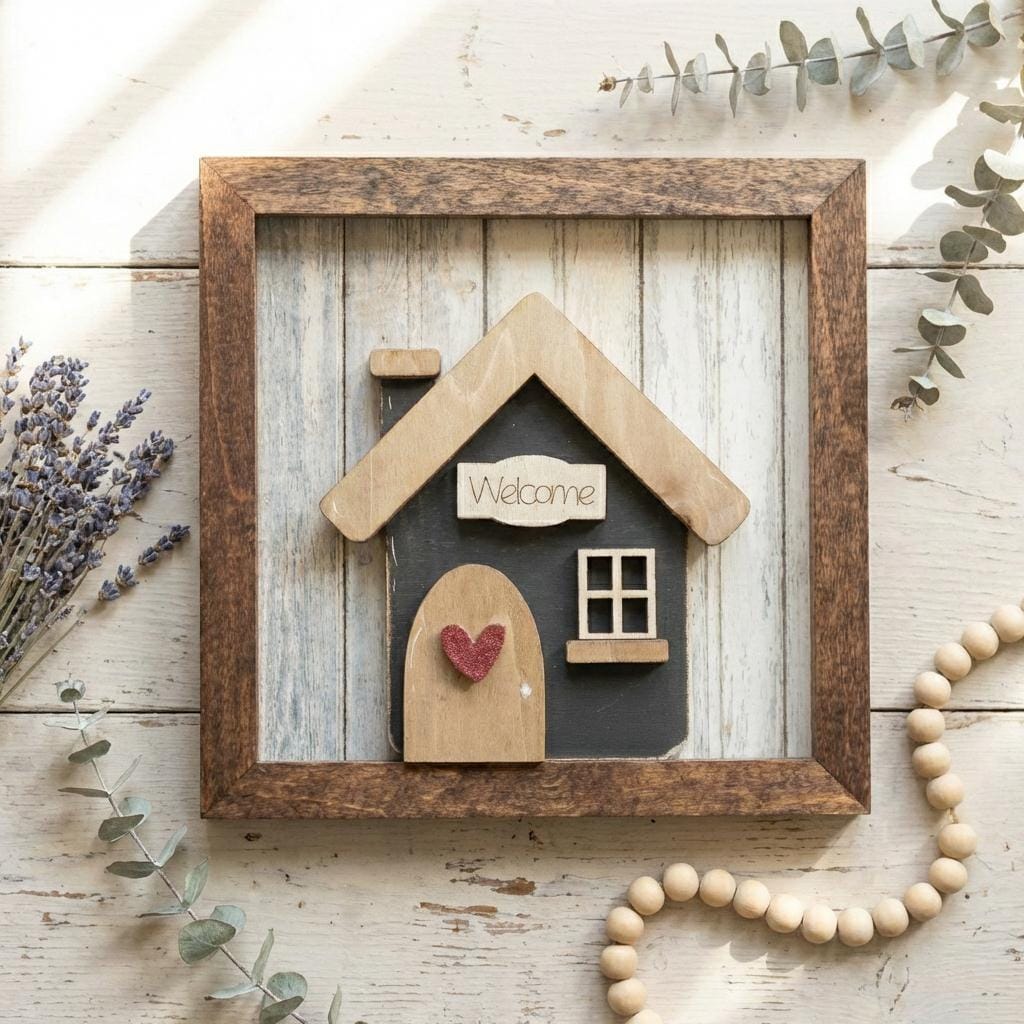 Welcome Wood Sign and Easel – Framed Layered Wood Decor with Easel, Rustic Farmhouse Shelf Sign, Housewarming Gift