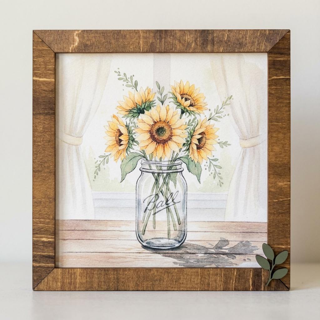 Sunflower Art Sign – Rustic Mason Jar Floral Wall Decor – 5.5” Framed Wood Sign with Leaf Embellishment – Garden Jar Art Signs