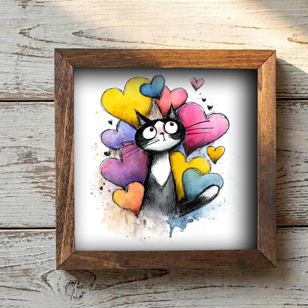 Framed Cat Art | Whimsical Watercolor Illustration, Colorful Hearts