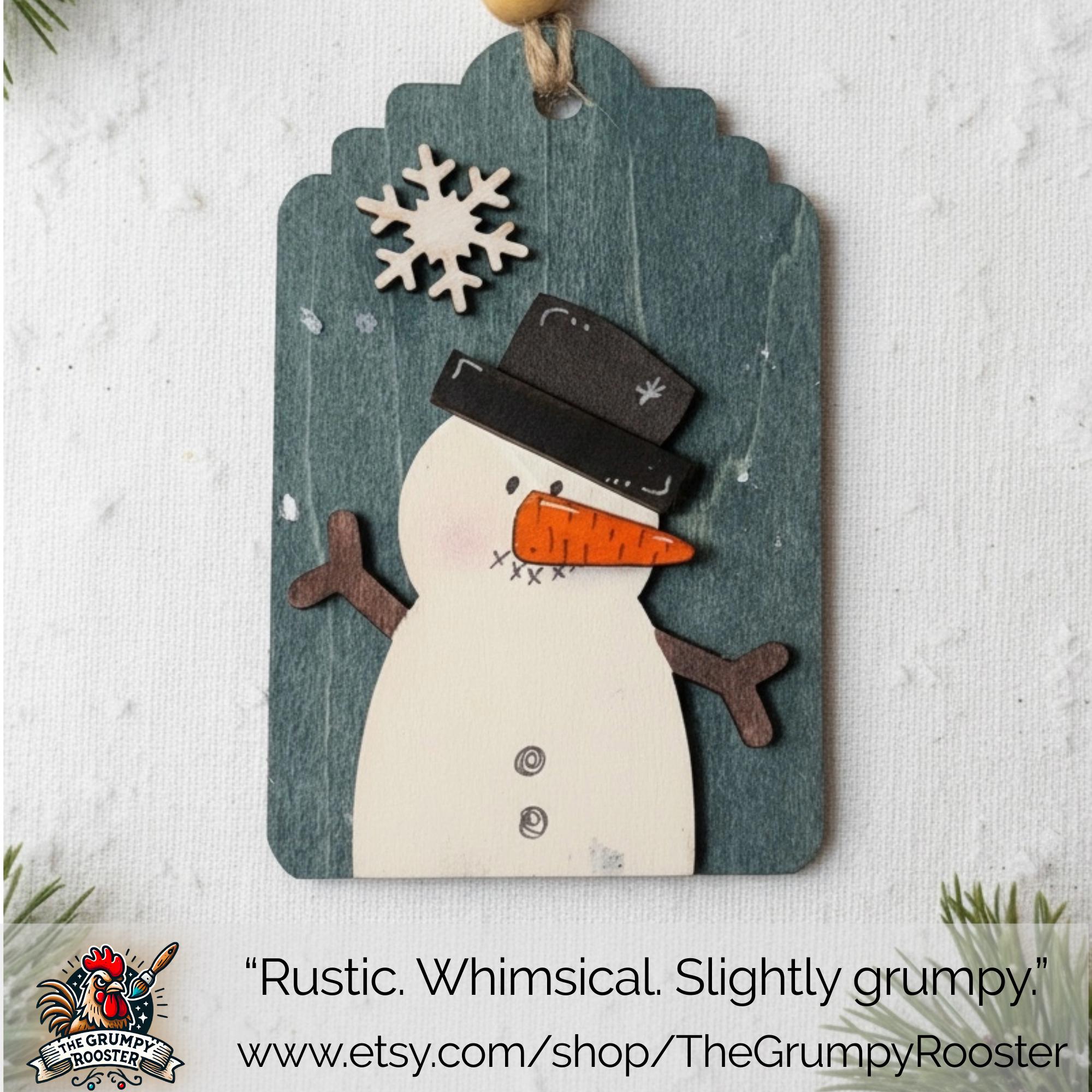 Rustic Wooden Snowman Ornament Tag – Hand-Painted Christmas Decoration – Farmhouse Winter Snowflake Gift Tag – Holiday Tree Decor