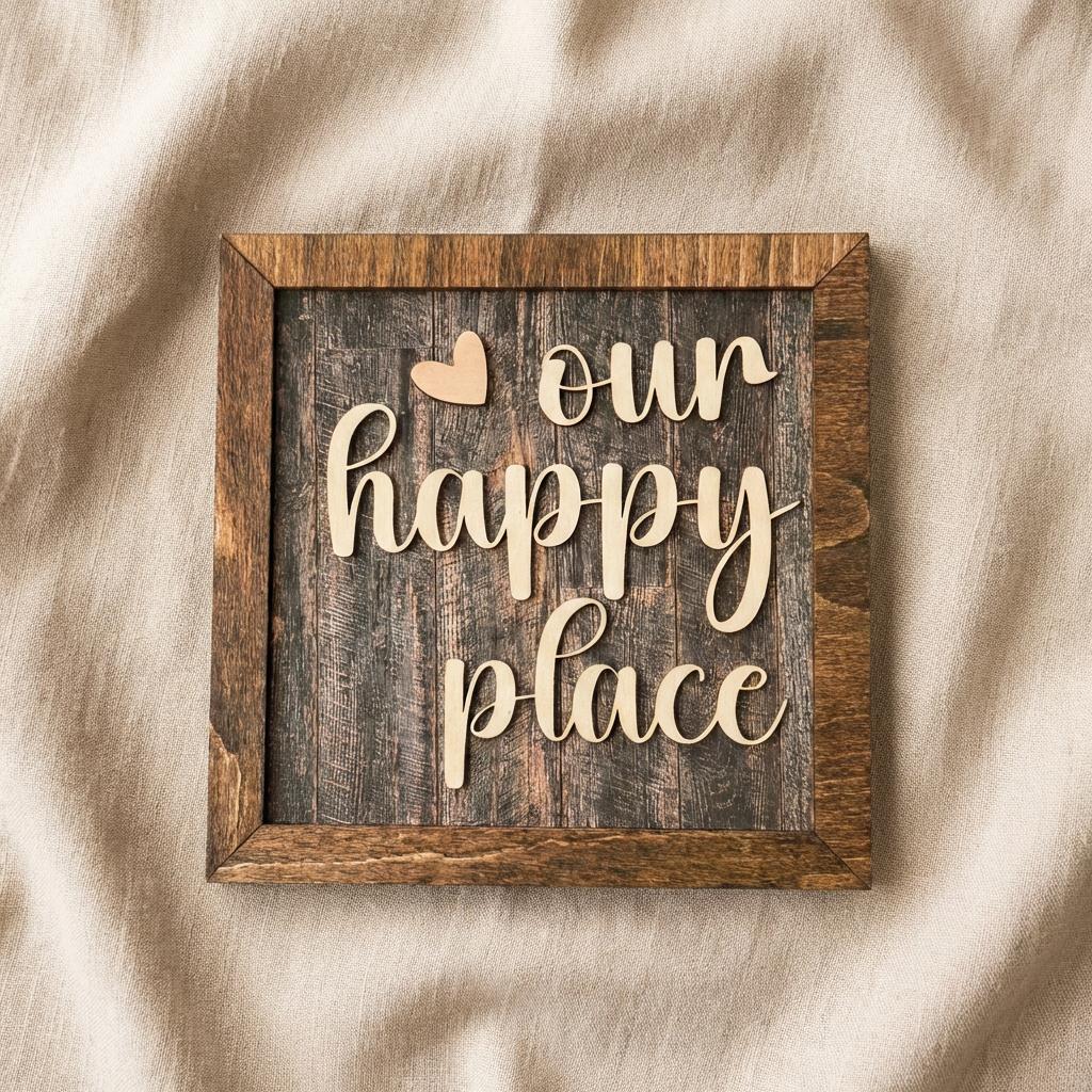 Our Happy Place Framed Wood Sign, Rustic Farmhouse Decor, Layered Wood Wall Art or Shelf Decor, Housewarming Gift