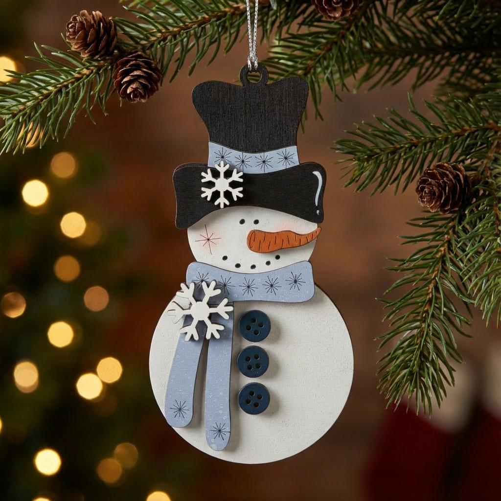 Handmade Snowman Christmas Ornament – Light Blue Scarf Rustic Winter Decor | Layered Wood Snowman | Farmhouse Holiday Ornament Gift