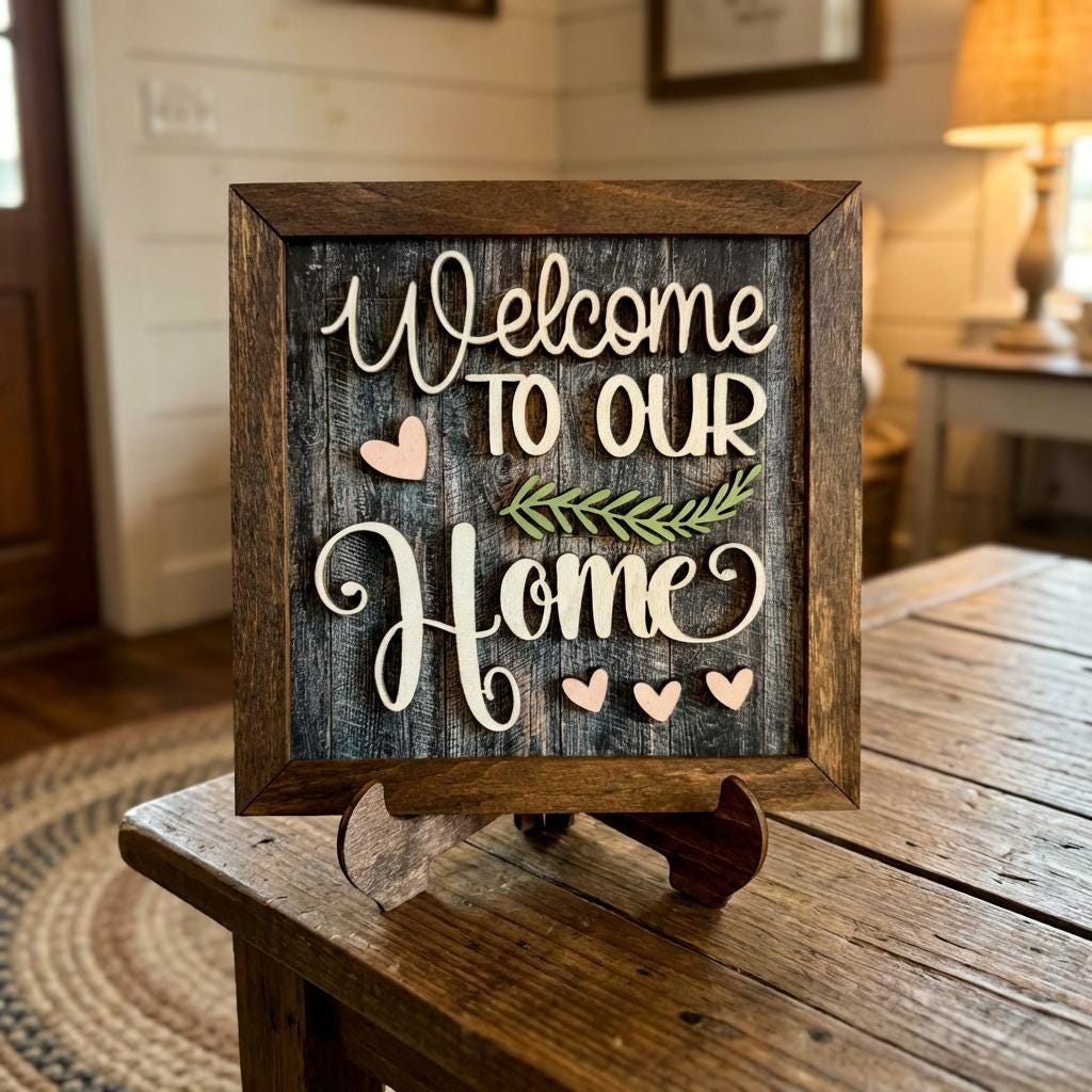 Welcome to Our Home Framed Wood Sign, Rustic Farmhouse Decor, Layered Wood Wall Art or Shelf Decor, Housewarming Gift
