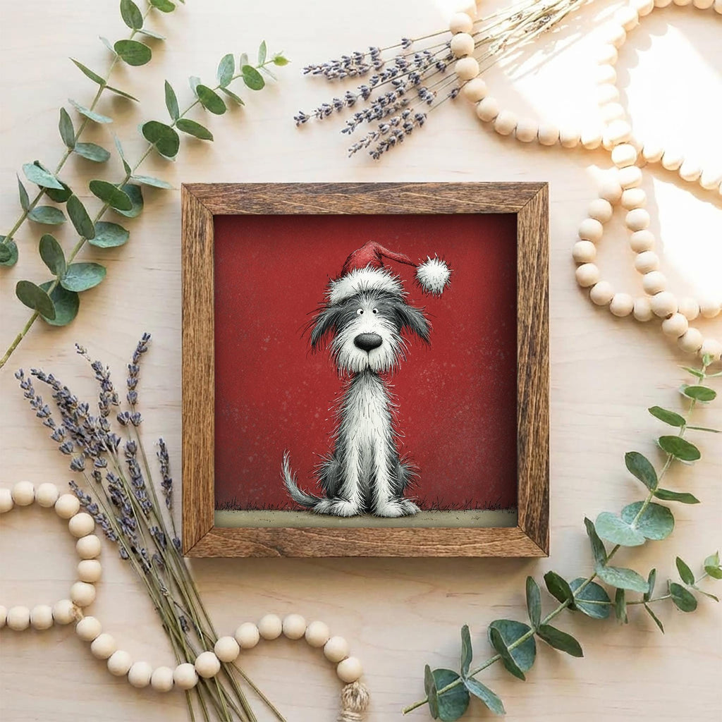 Funny Christmas Dog Framed Art | Whimsical Holiday Dog Illustration | Pet Lover Christmas Decor | Rustic Wood Frame | Easel Included