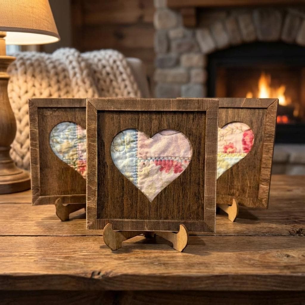 Reclaimed Quilt Heart Wood Sign and Easel – 5.5 Inch Rustic Valentine Decor – Handmade Quilt Fabric Heart – Farmhouse Home Decor